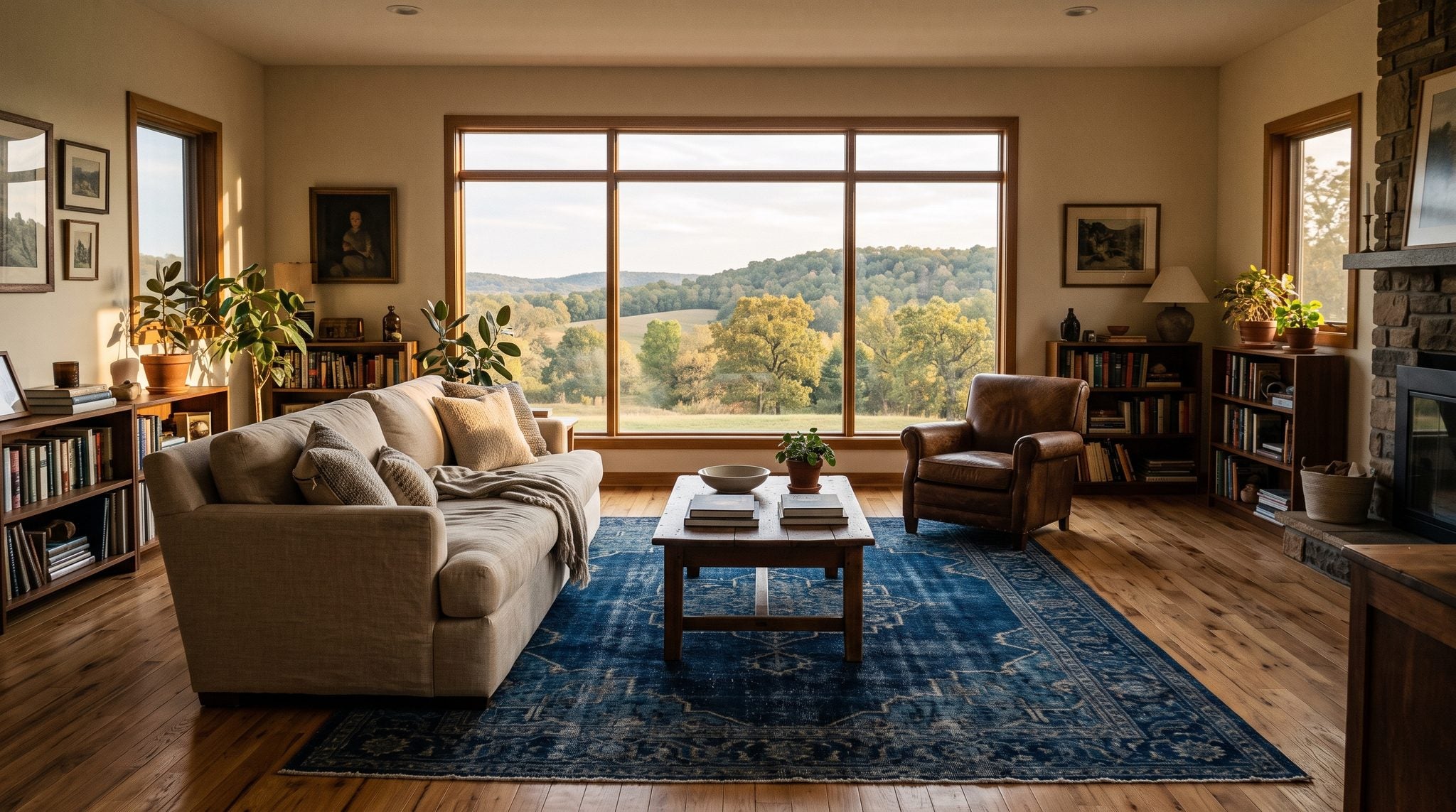 Sunlit room with a window overlooking wooded rolling hills in southeastern Oklahoma