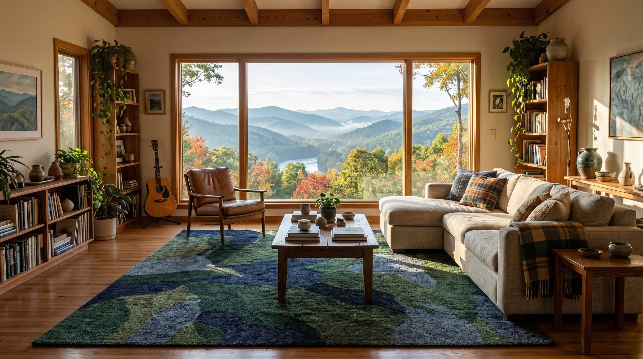 Sunlit room with a window overlooking misty, layered Blue Ridge Mountains near Asheville, North Carolina