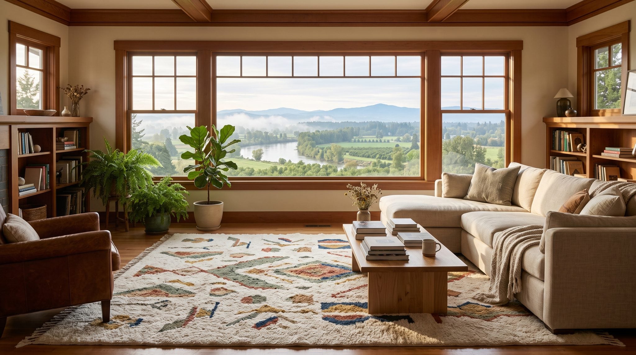 Sunlit room with a window overlooking green Willamette Valley farmland, river and distant foothills near Salem, Oregon