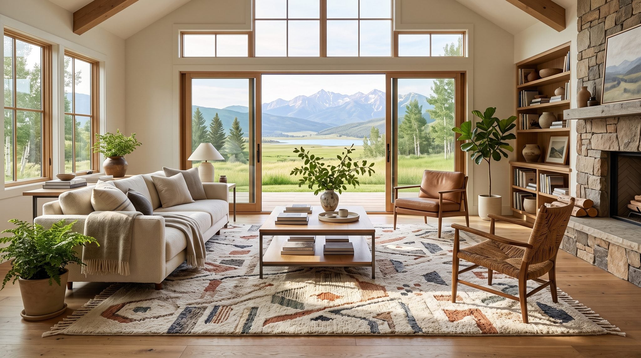 Sunlit living room window overlooking a green mountain valley and snow-dusted Wasatch peaks near Heber, Utah
