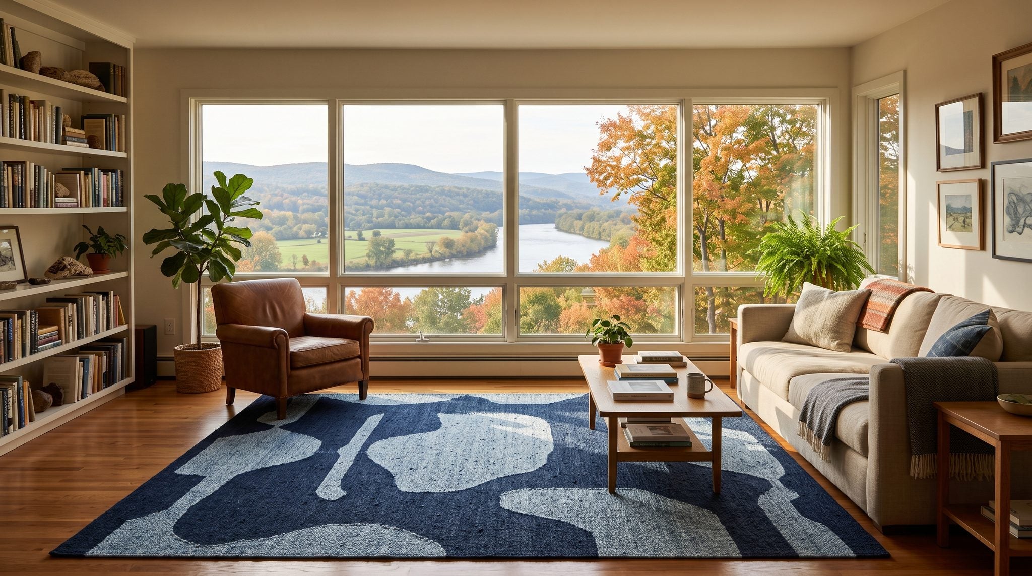 Sunlit window view of the Connecticut River valley and autumn-tinged hills near Springfield, Massachusetts