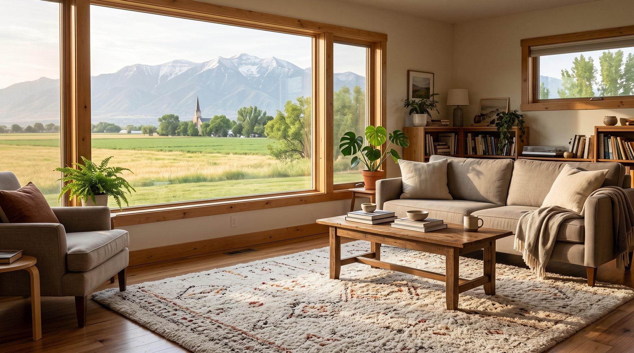 Sunlit living room window looking out over Cache Valley farmland and snow-dusted mountains near Logan, Utah