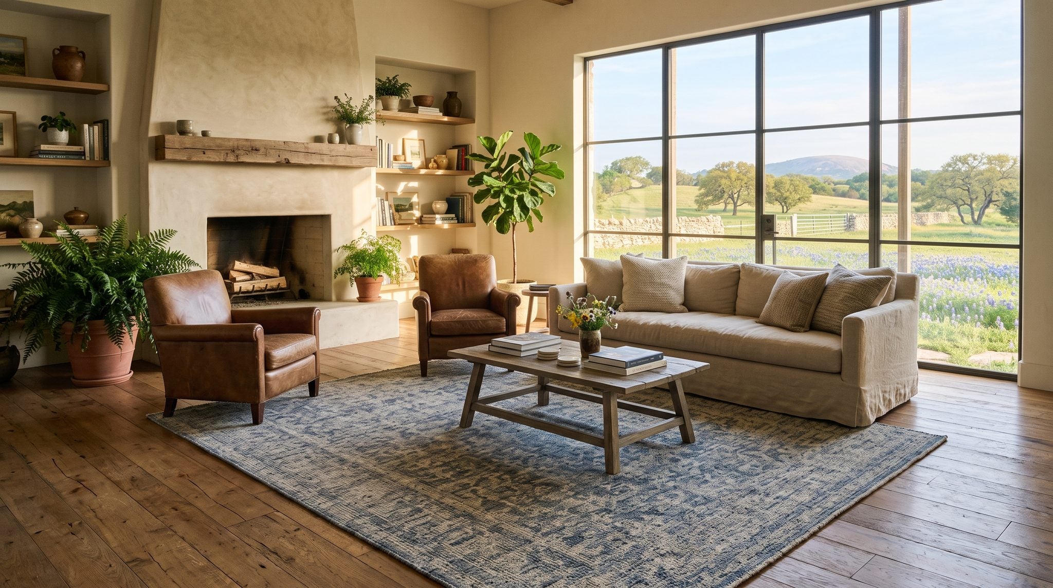 Sunlit room with a window overlooking Hill Country wildflower fields, live oaks and rolling hills near Fredericksburg, Texas