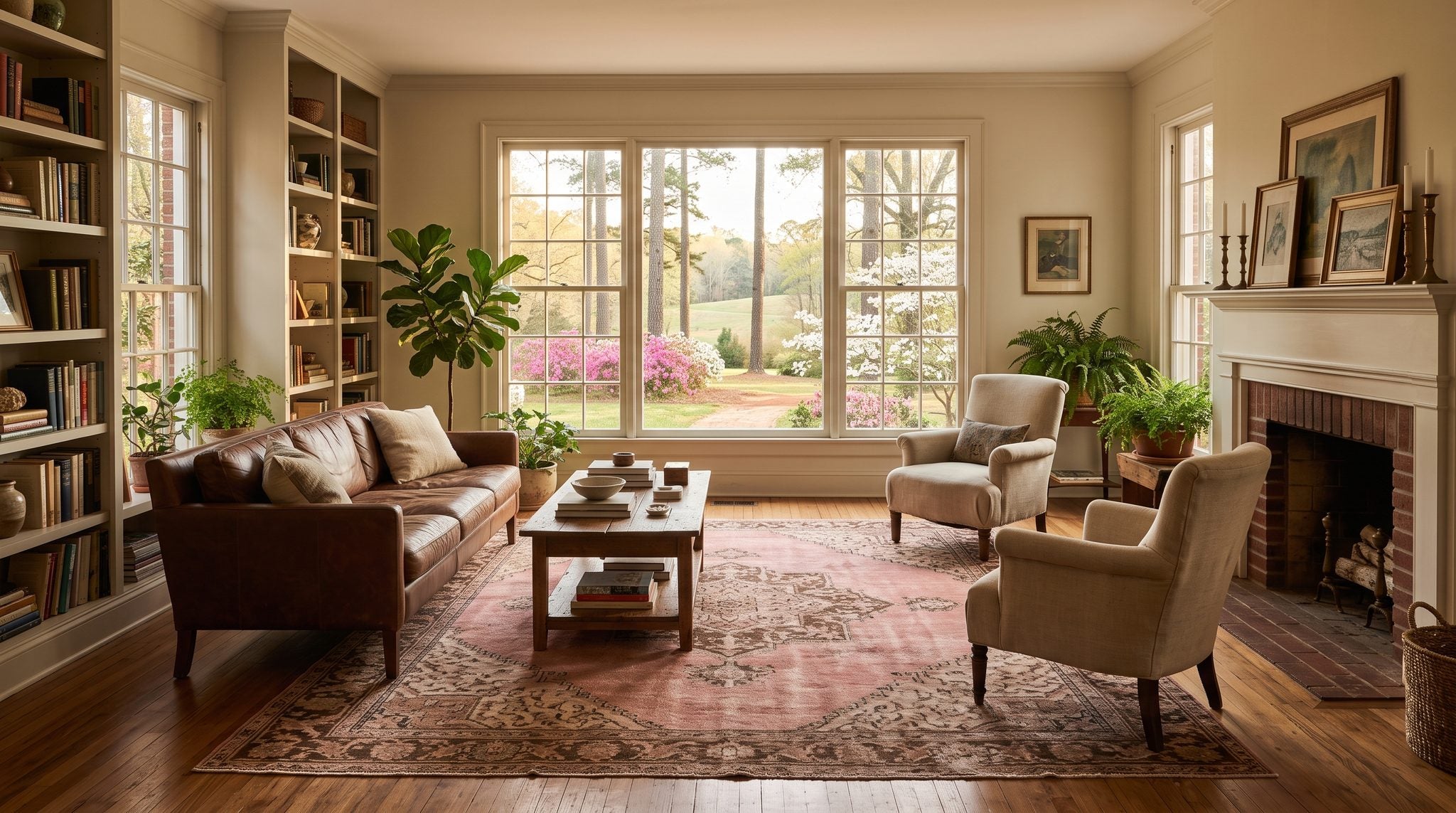 Sunlit living room window overlooking blooming azaleas, tall pines and rolling Georgia hills near LaGrange