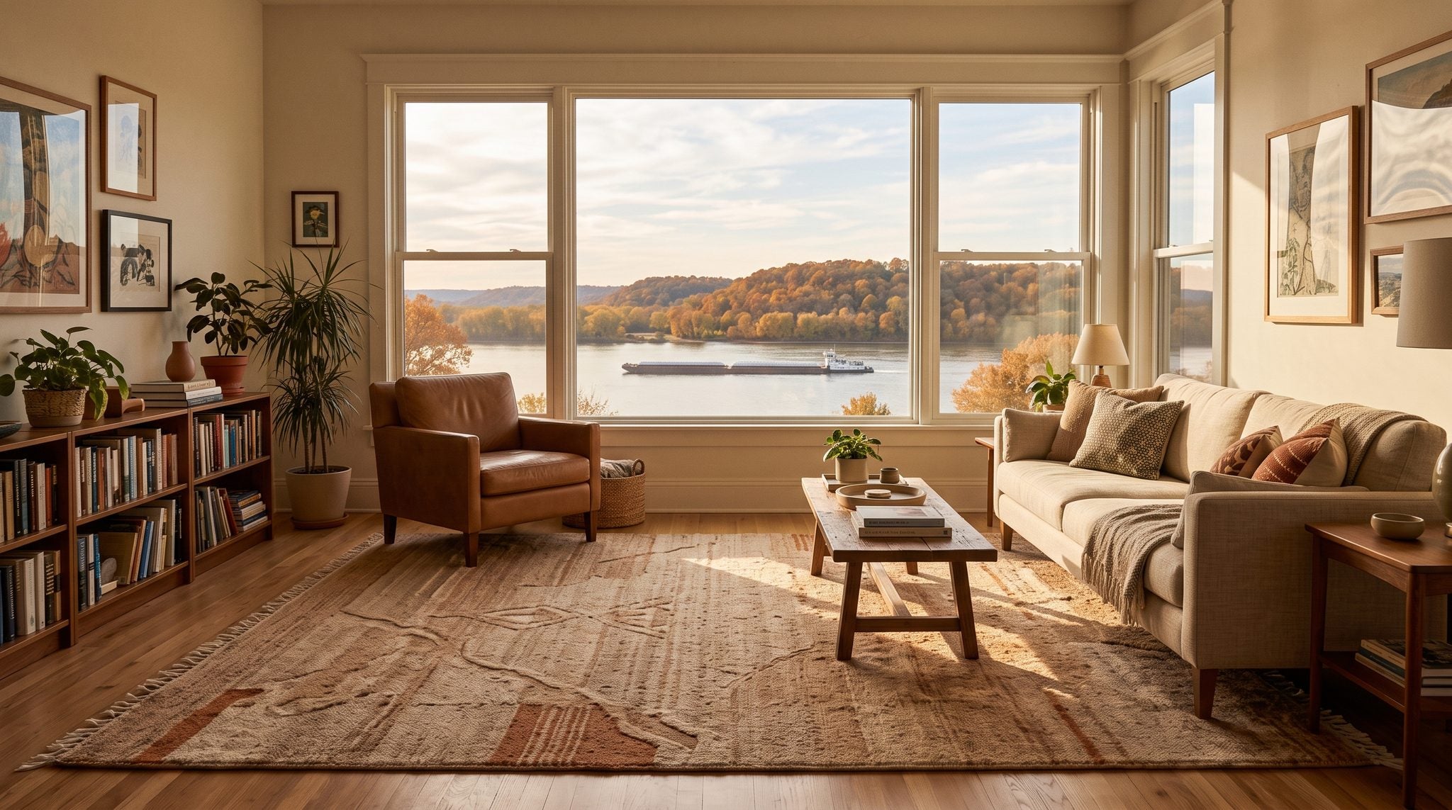 Sunlit room with a window overlooking the Mississippi River and wooded bluffs near Burlington, Iowa at golden hour