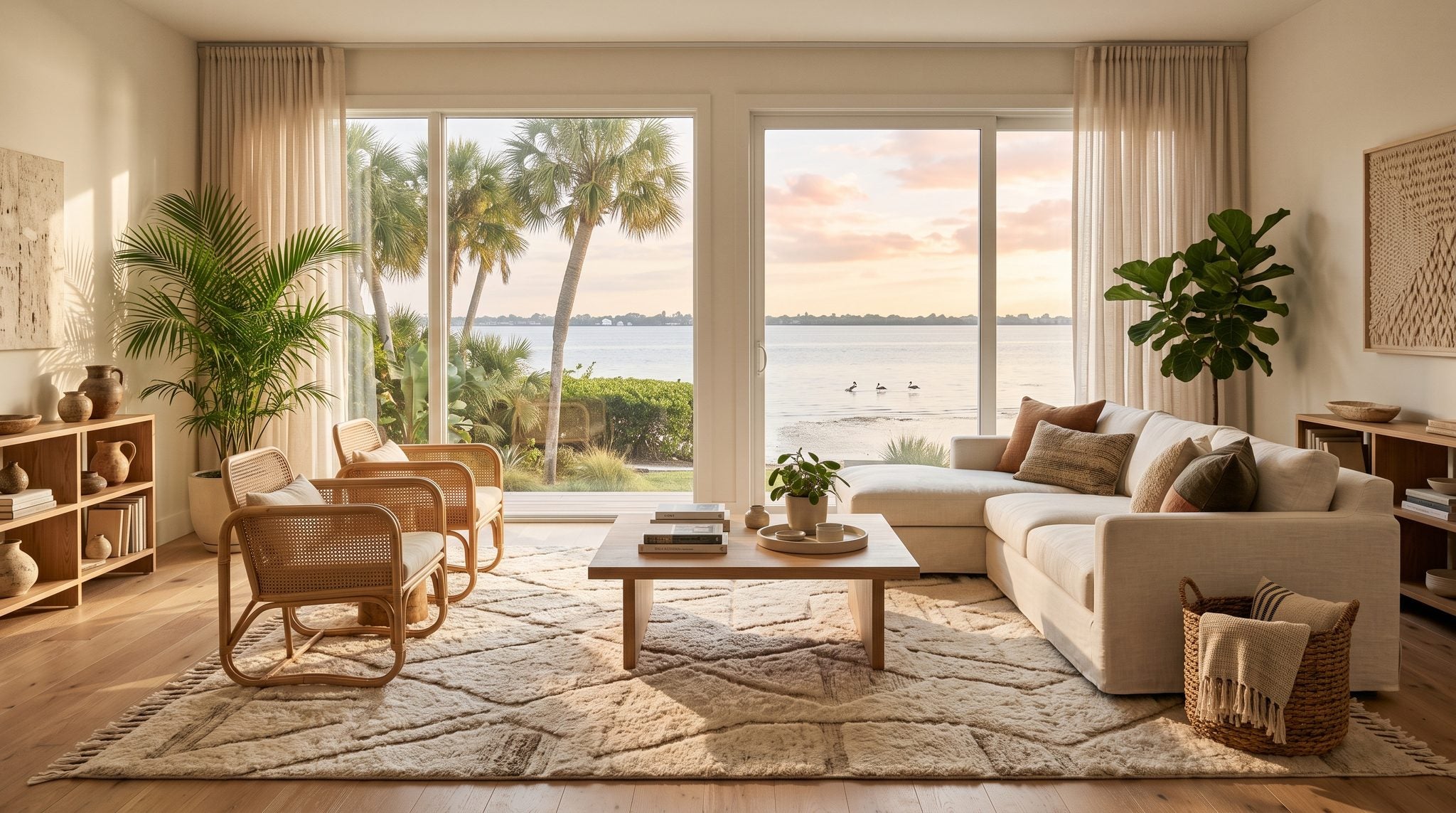 Sunlit living room window with palm trees and a calm, shimmering bay beneath a soft golden sky