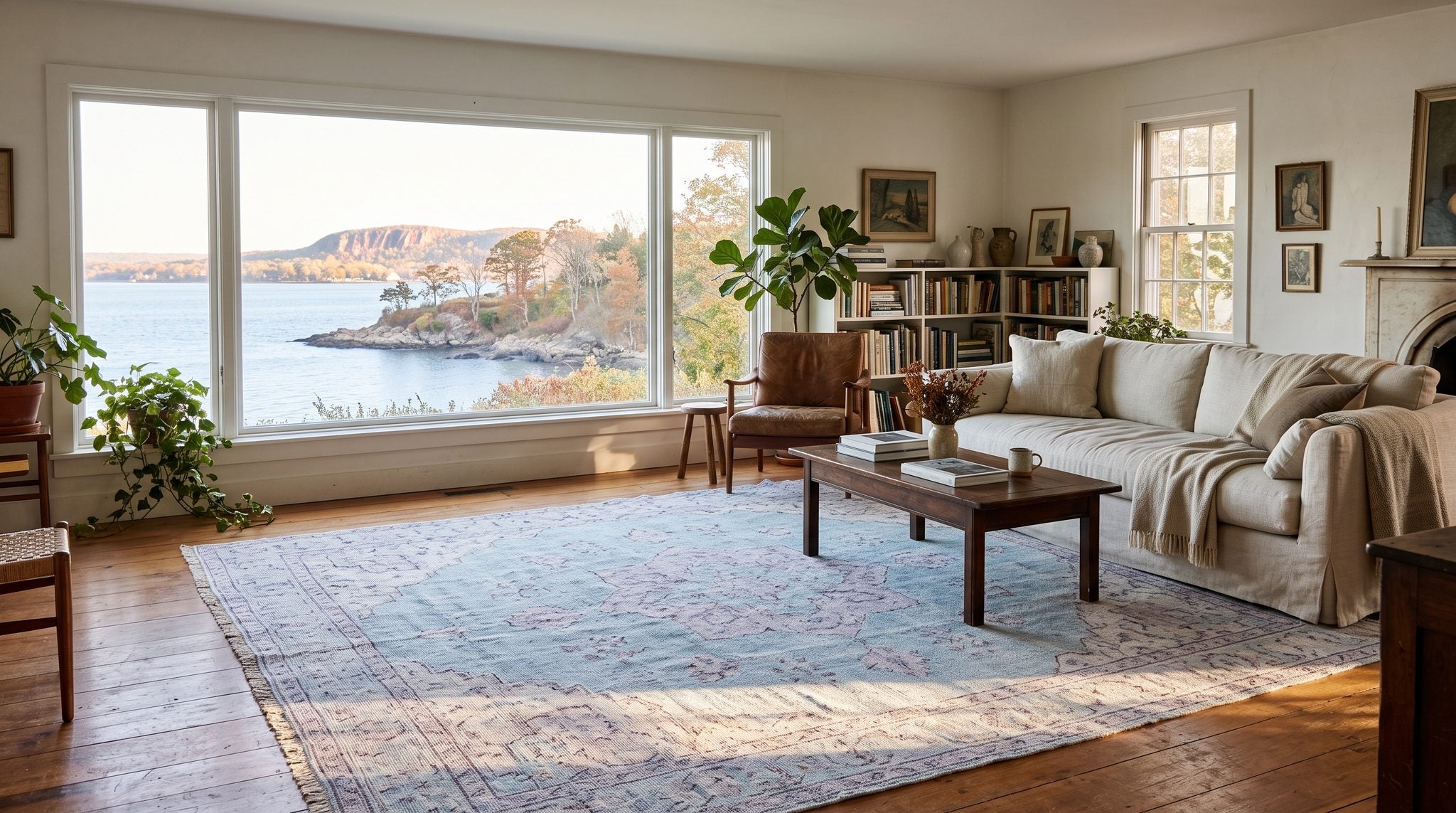 Sunlit living room window overlooking the calm Long Island Sound shoreline and a wooded ridge near New Haven