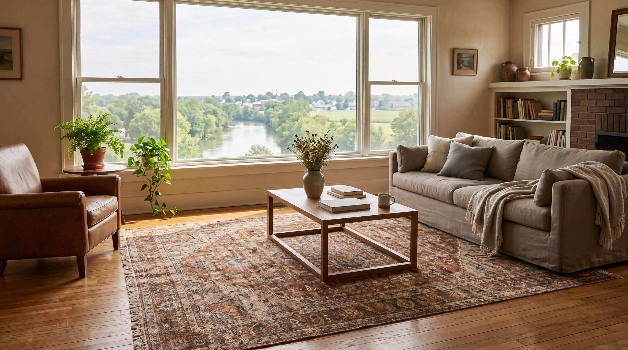 Sunlit room with a window overlooking a river and farm fields in northern Ohio
