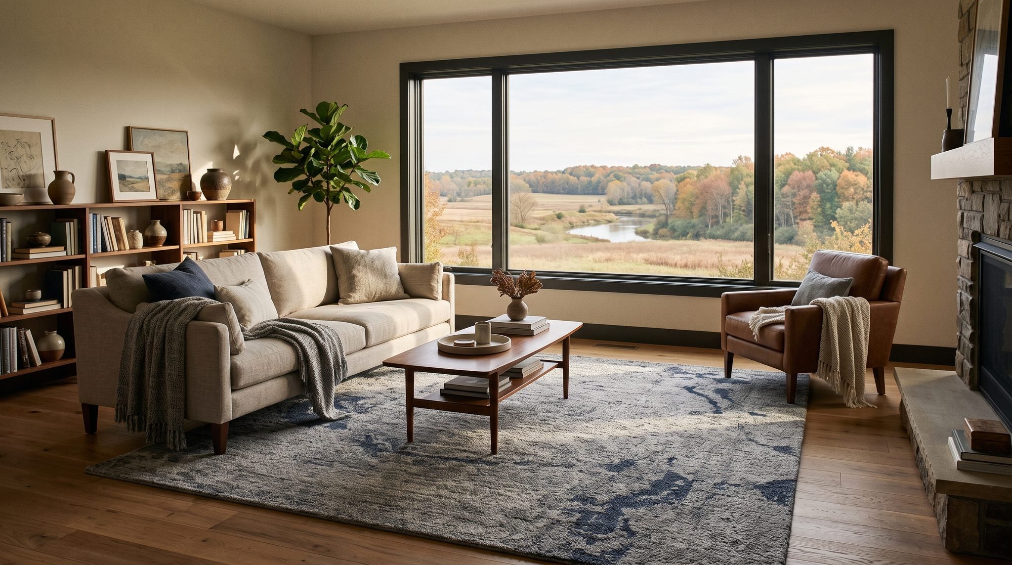 Sunlit room with a window overlooking gently rolling Michigan countryside and trees in soft autumn color