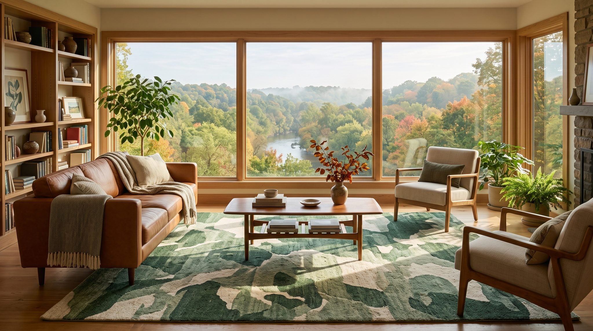 Sunlit room with a window overlooking the wooded Cuyahoga Valley in autumn near Akron, Ohio