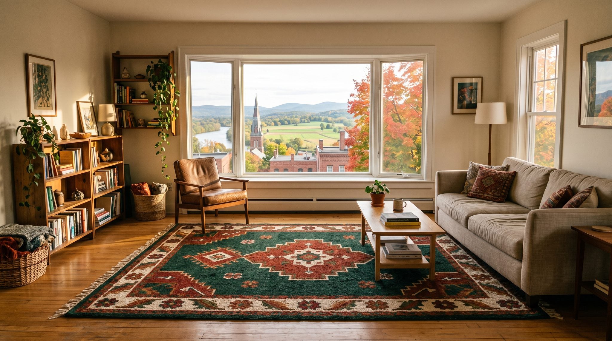 Sunlit room with a window overlooking the Mohawk Valley and rolling hills near Utica, New York