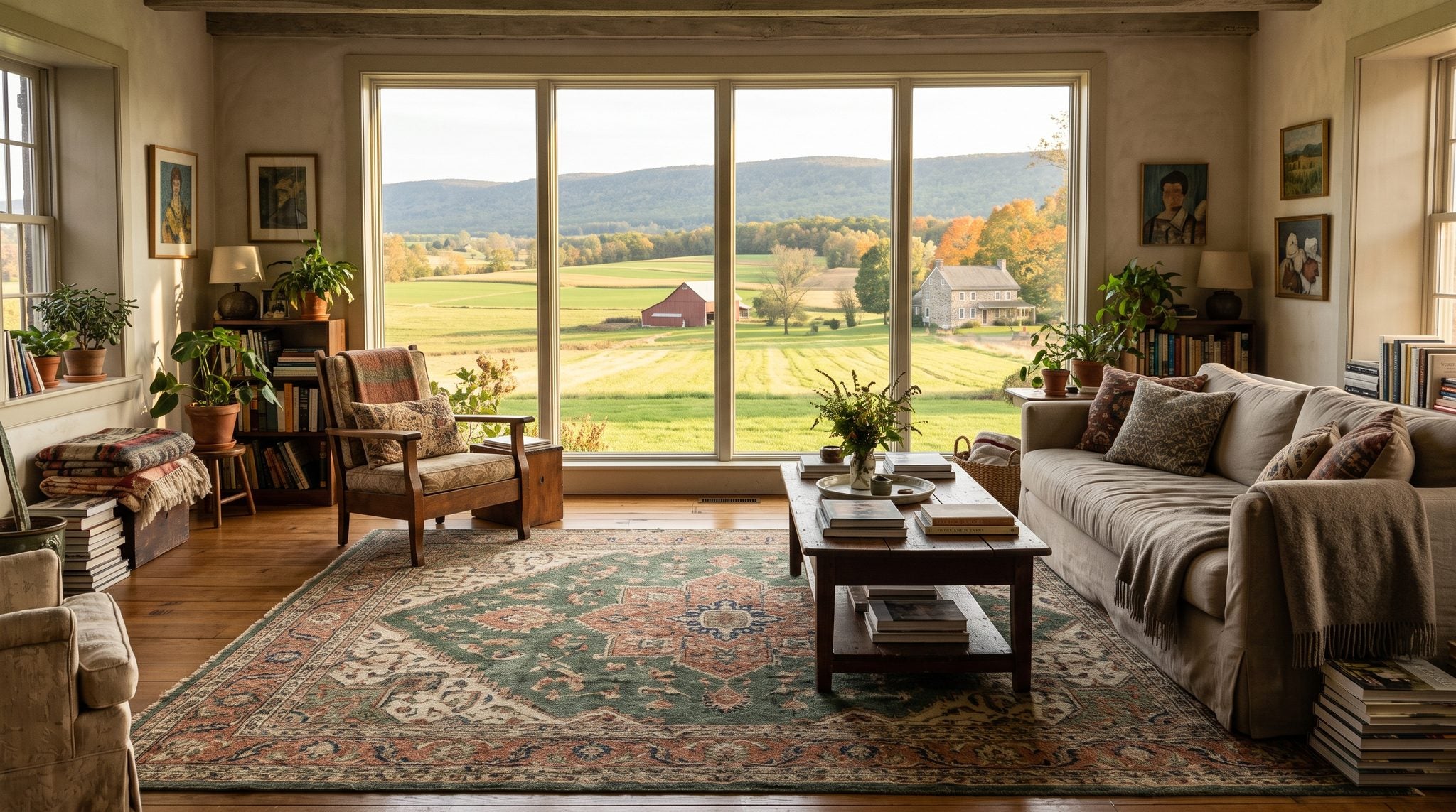 Sunlit living room window overlooking rolling green farmland and a distant wooded ridge in Pennsylvania's Lebanon Valley
