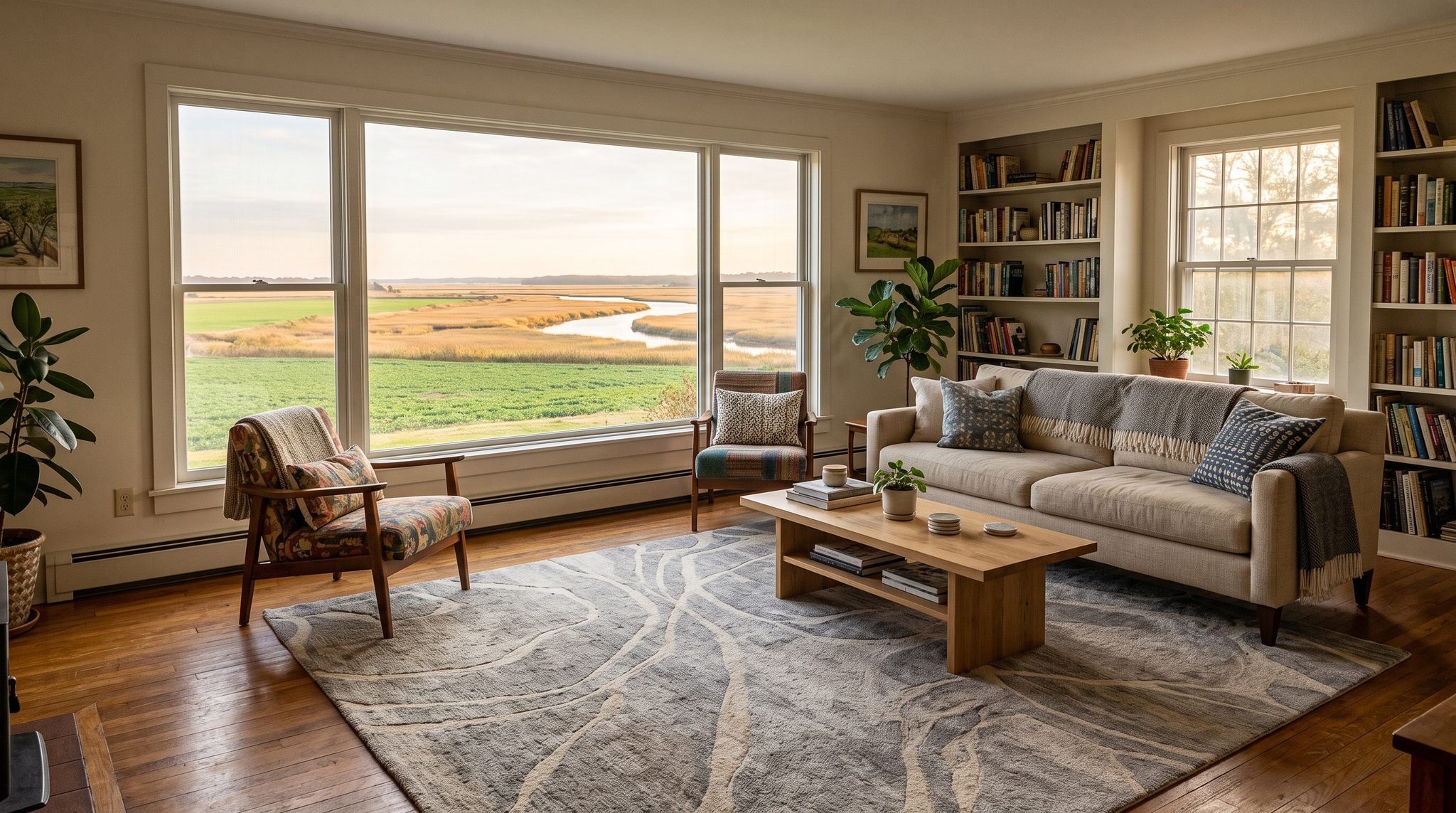 Sunlit living room window overlooking southern New Jersey farm fields and golden tidal marsh near Delaware Bay