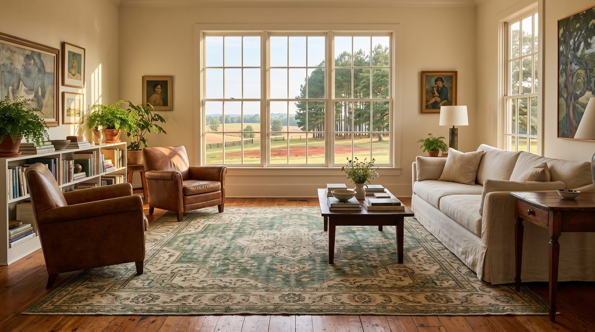 Sunlit window view of green pastures, pine trees and red clay fields in rural south Alabama near Troy