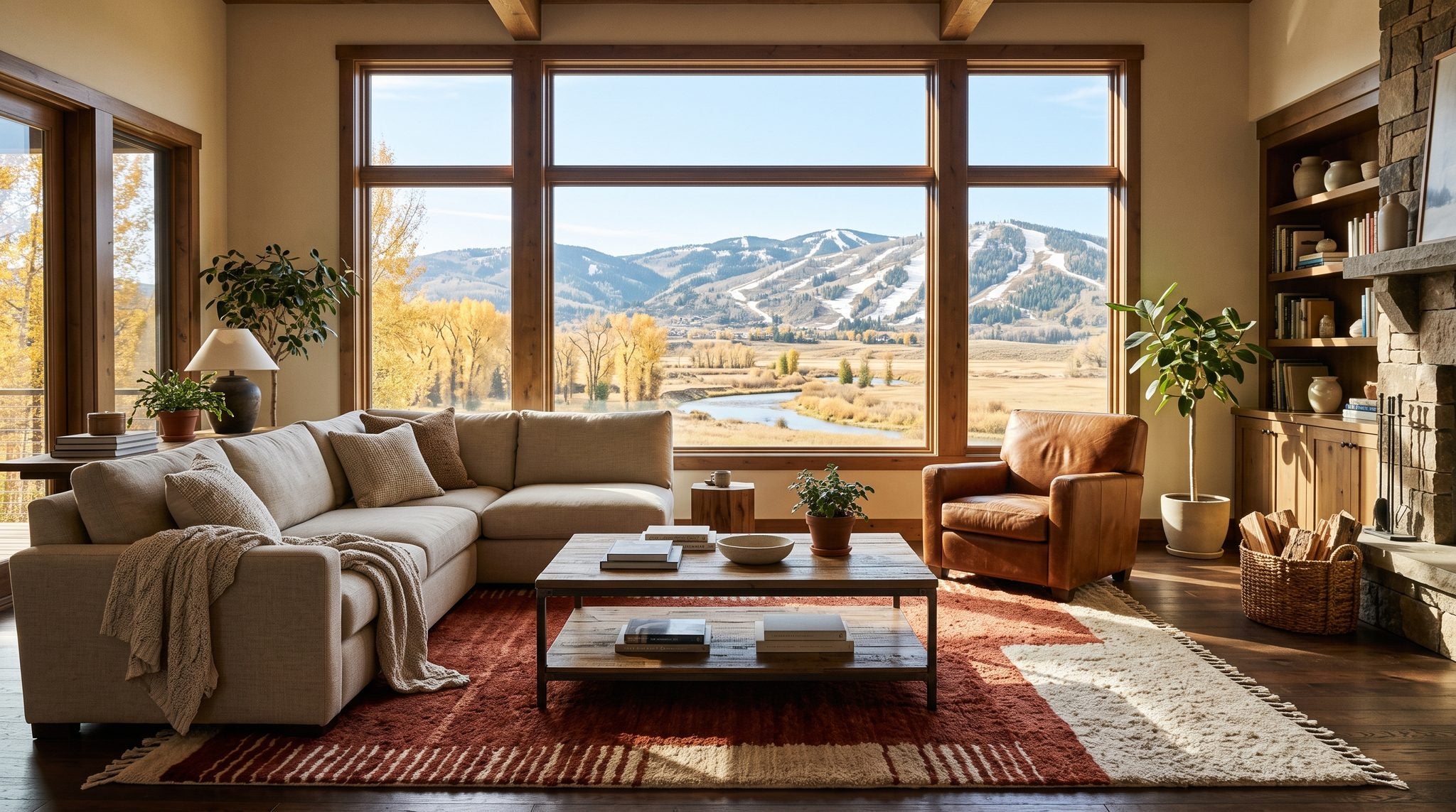 Sunlit living room window overlooking a snowy Rocky Mountain valley with evergreen slopes and a river near Steamboat Springs