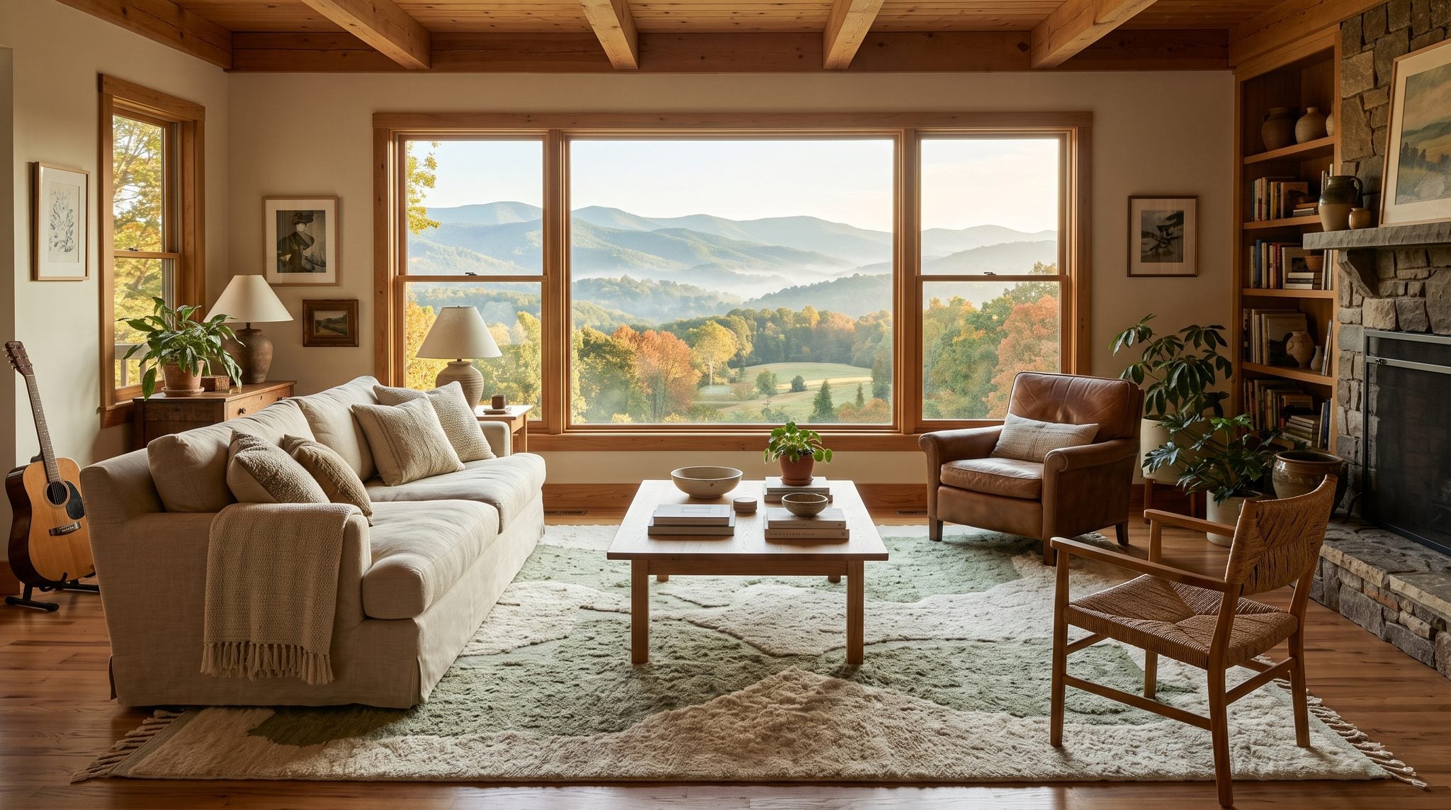 Sunlit living room window overlooking misty, layered Blue Ridge foothills in green and blue tones