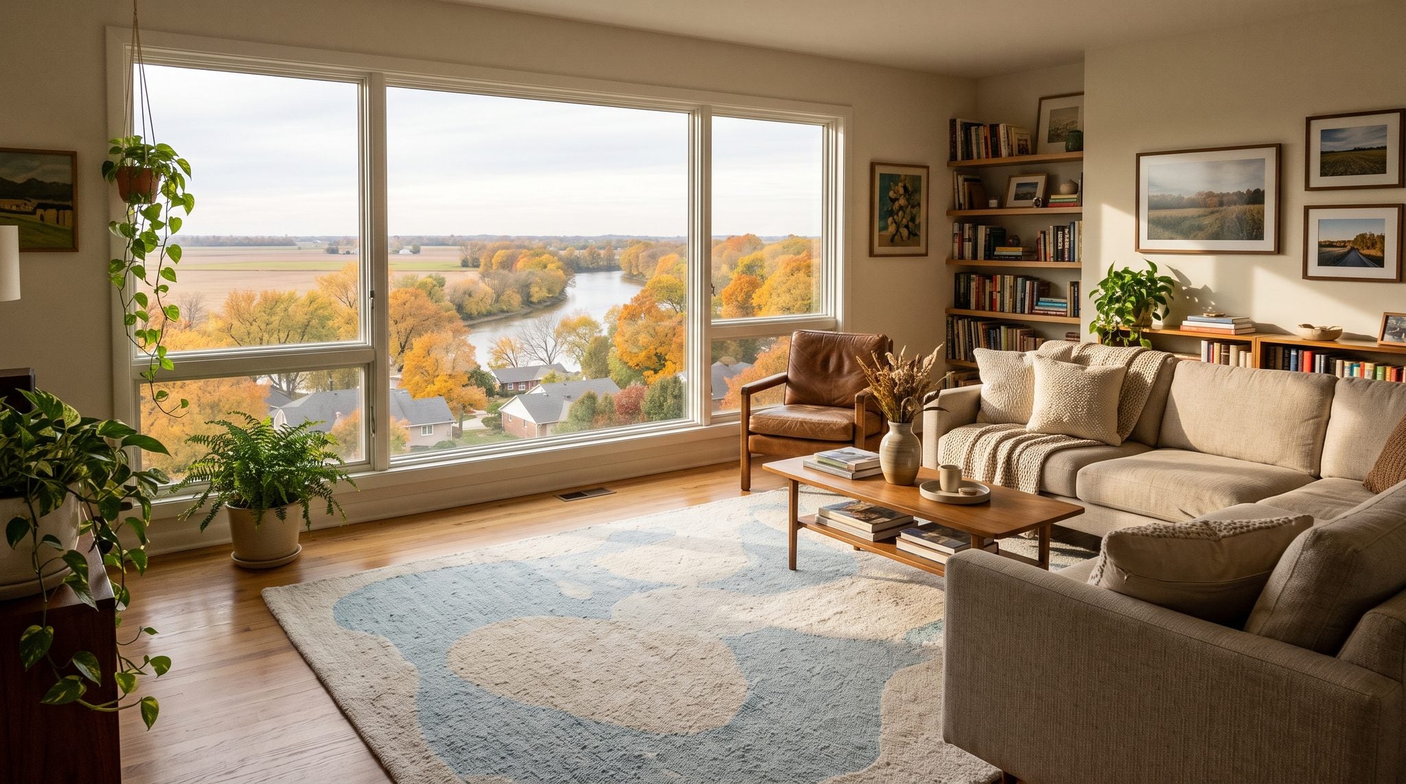Sunlit living room window overlooking autumn trees, a quiet river, and Indiana farmland near Muncie