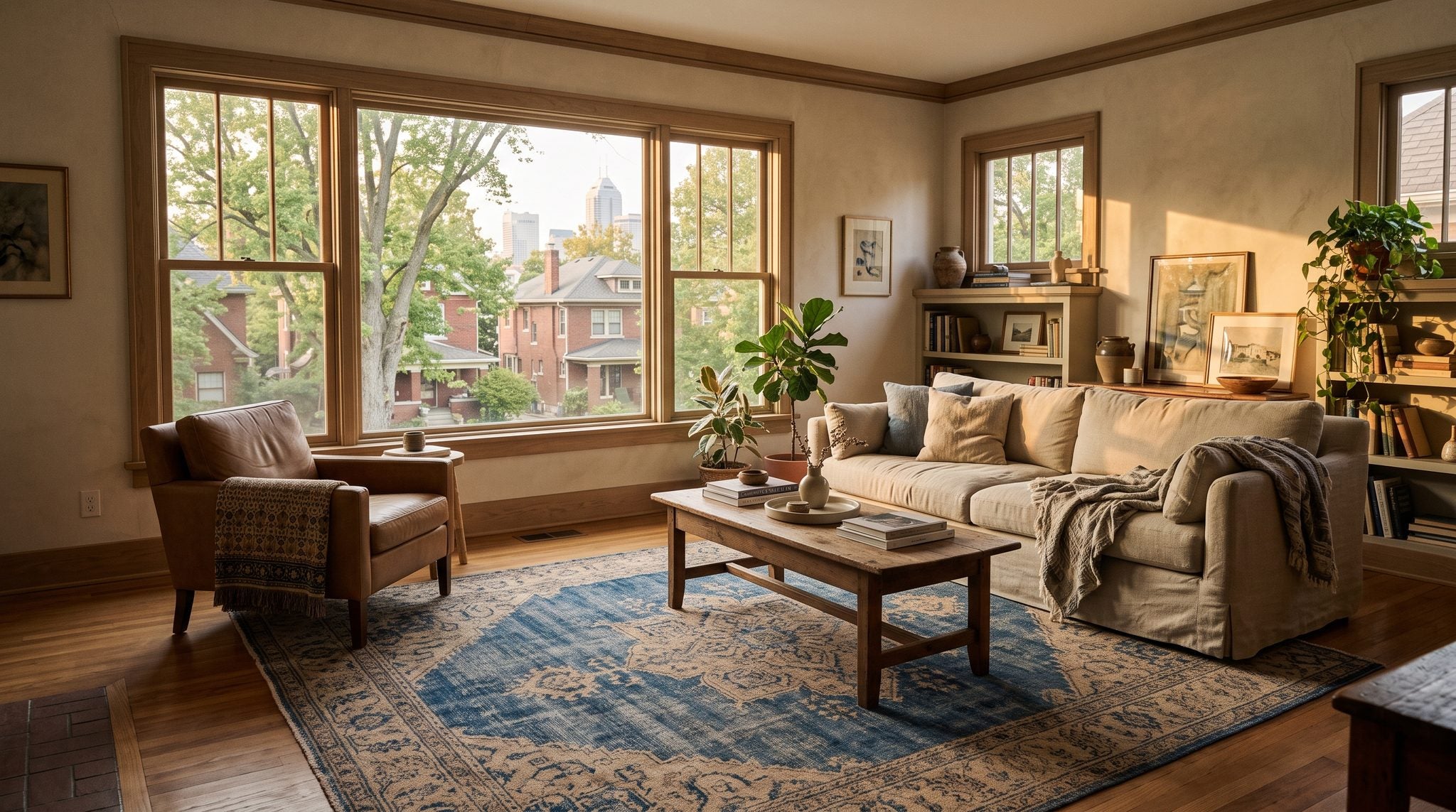 Sunlit living room window looking out over a leafy Indianapolis neighborhood and distant city skyline at golden hour
