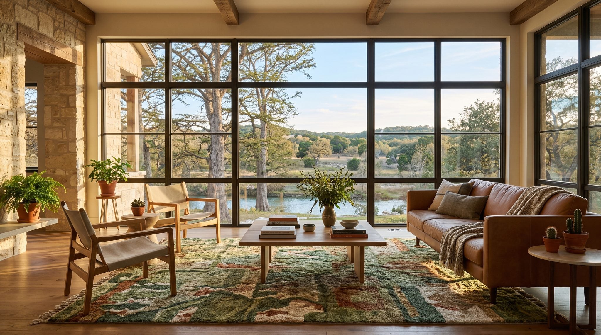 Sunlit room with a window overlooking the Guadalupe River, cypress trees and limestone hills near Kerrville, Texas