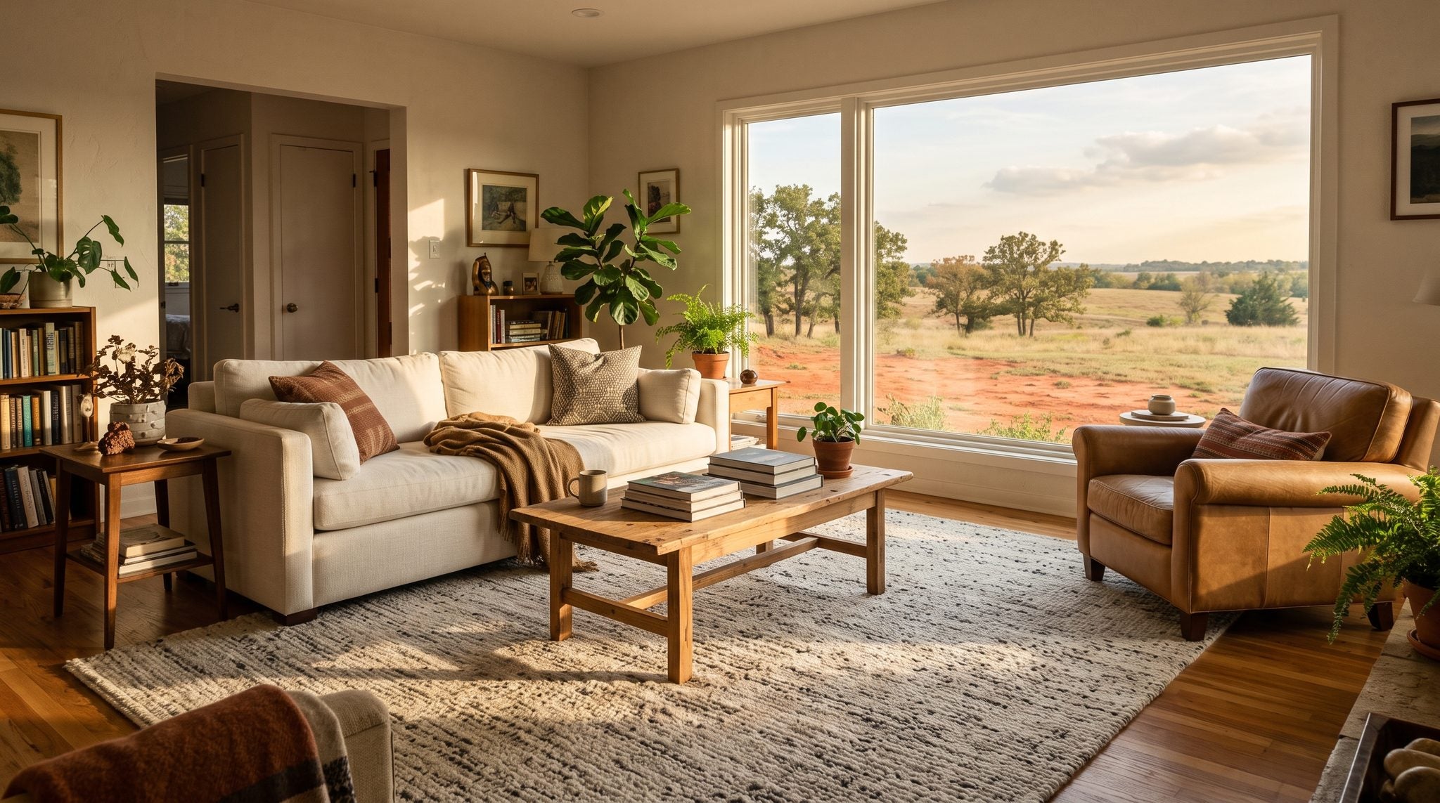 Sunlit living room window overlooking golden central Oklahoma prairie with post oak trees and wide open sky