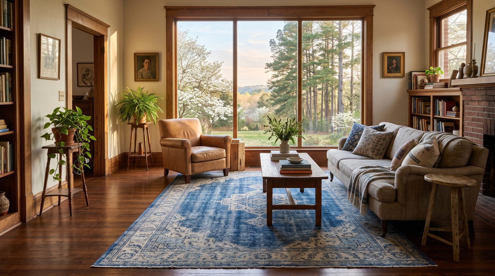 Sunlit window view of tall pines and blooming dogwood trees in the East Texas Piney Woods near Palestine