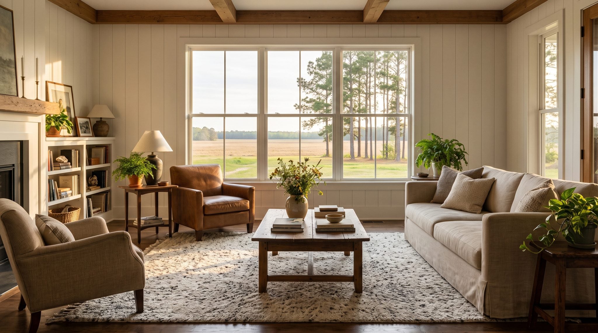 Sunlit living room window overlooking South Georgia farmland and tall pines at golden hour