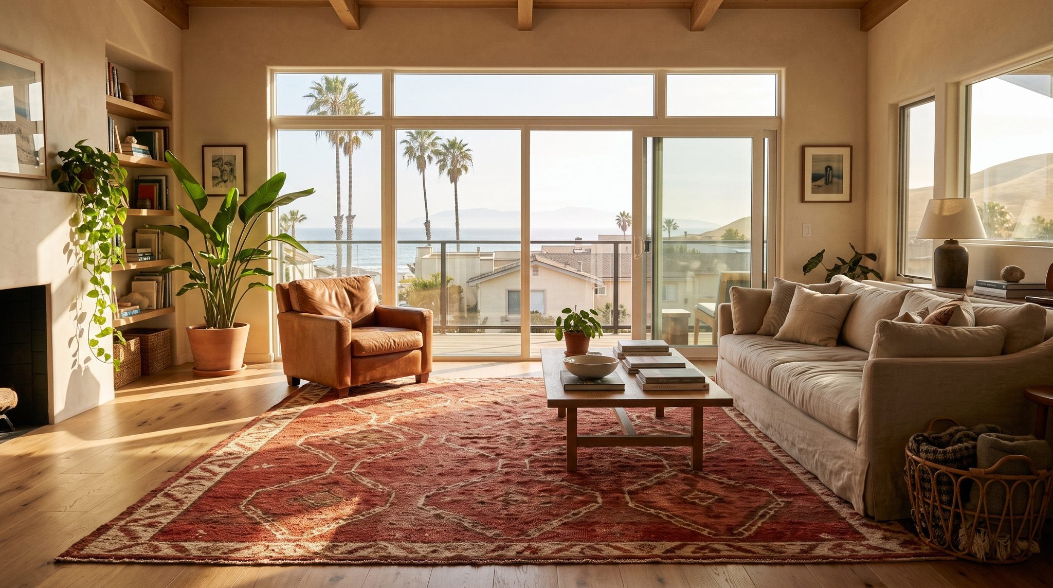 Sunlit living room window overlooking the Pacific coast, palm trees and distant Channel Islands near Oxnard