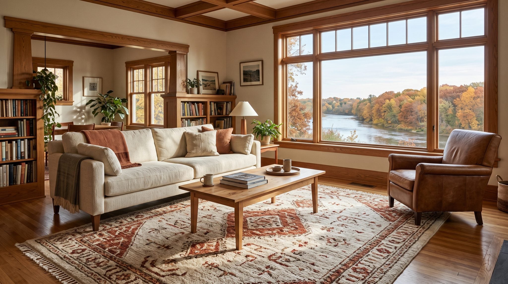 Sunlit living room window overlooking the Wisconsin River and autumn hardwood hills near Wausau