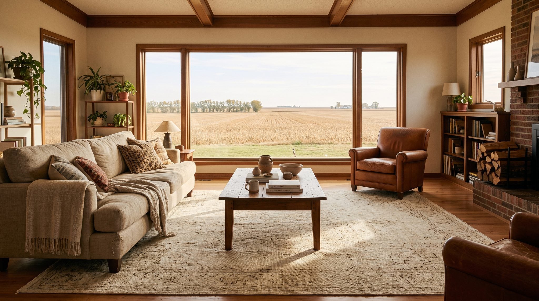 Sunlit window view of golden Nebraska prairie fields and cottonwood trees under a wide sky near the Platte River