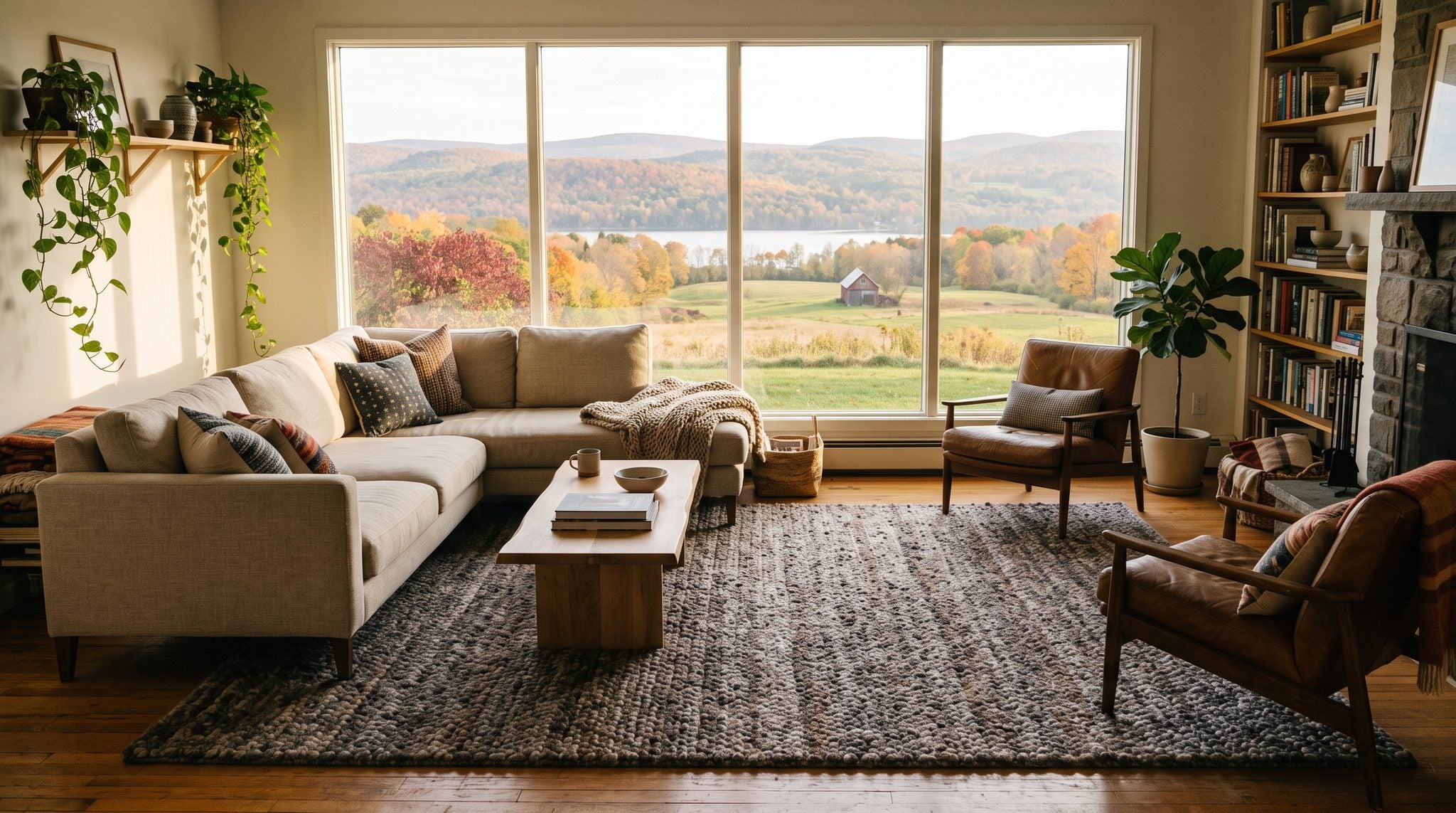 Sunlit room with a window looking out on autumn hills and a quiet lake in Central New York