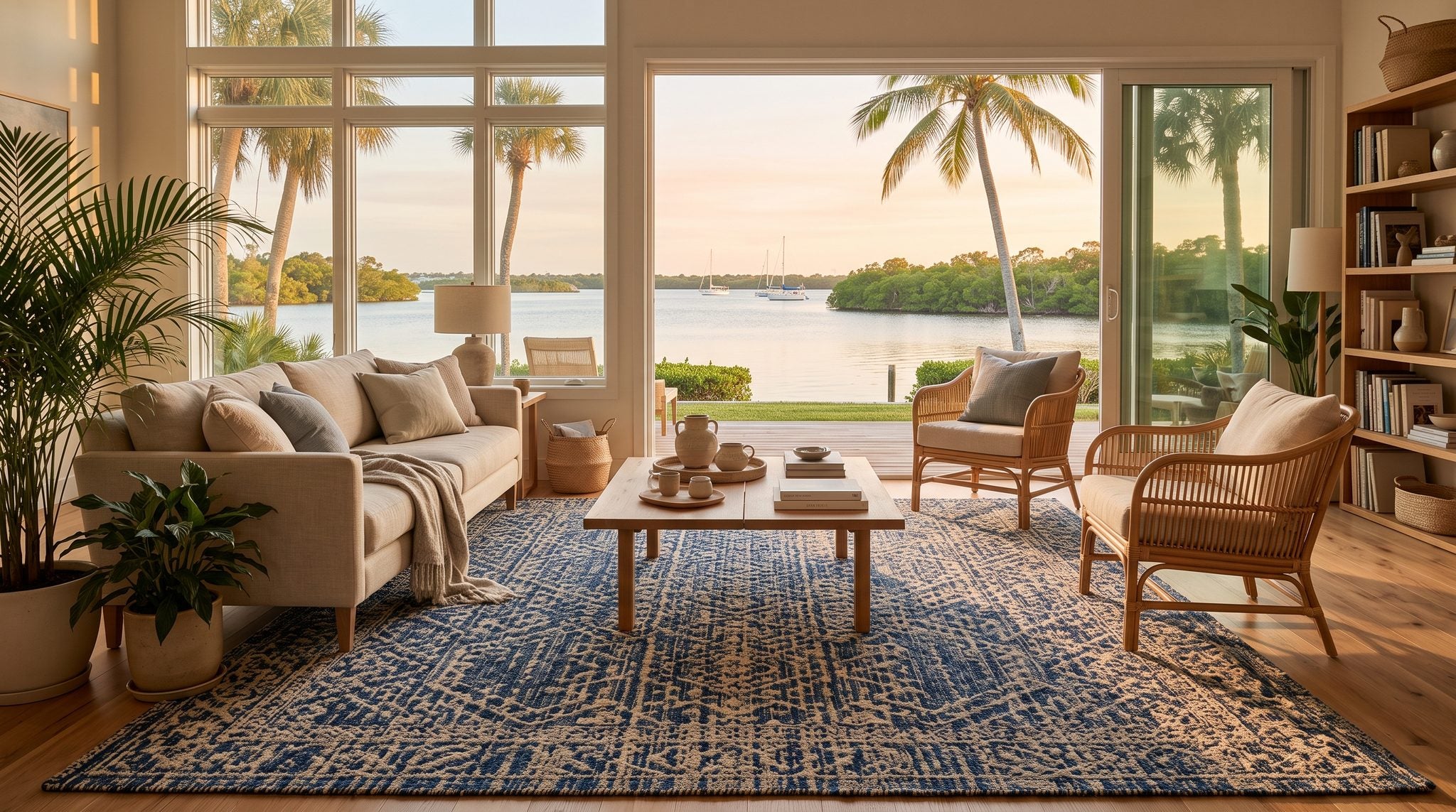 Sunlit window overlooking a calm Florida river with palm trees, mangroves and sailboats at golden hour
