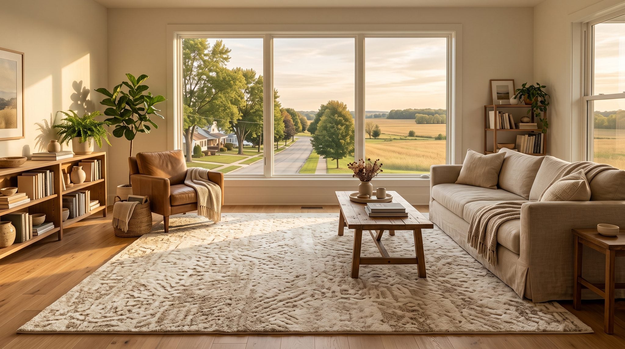 Sunlit window looking out over central Ohio farm country and tree-lined small-town streets near Marion