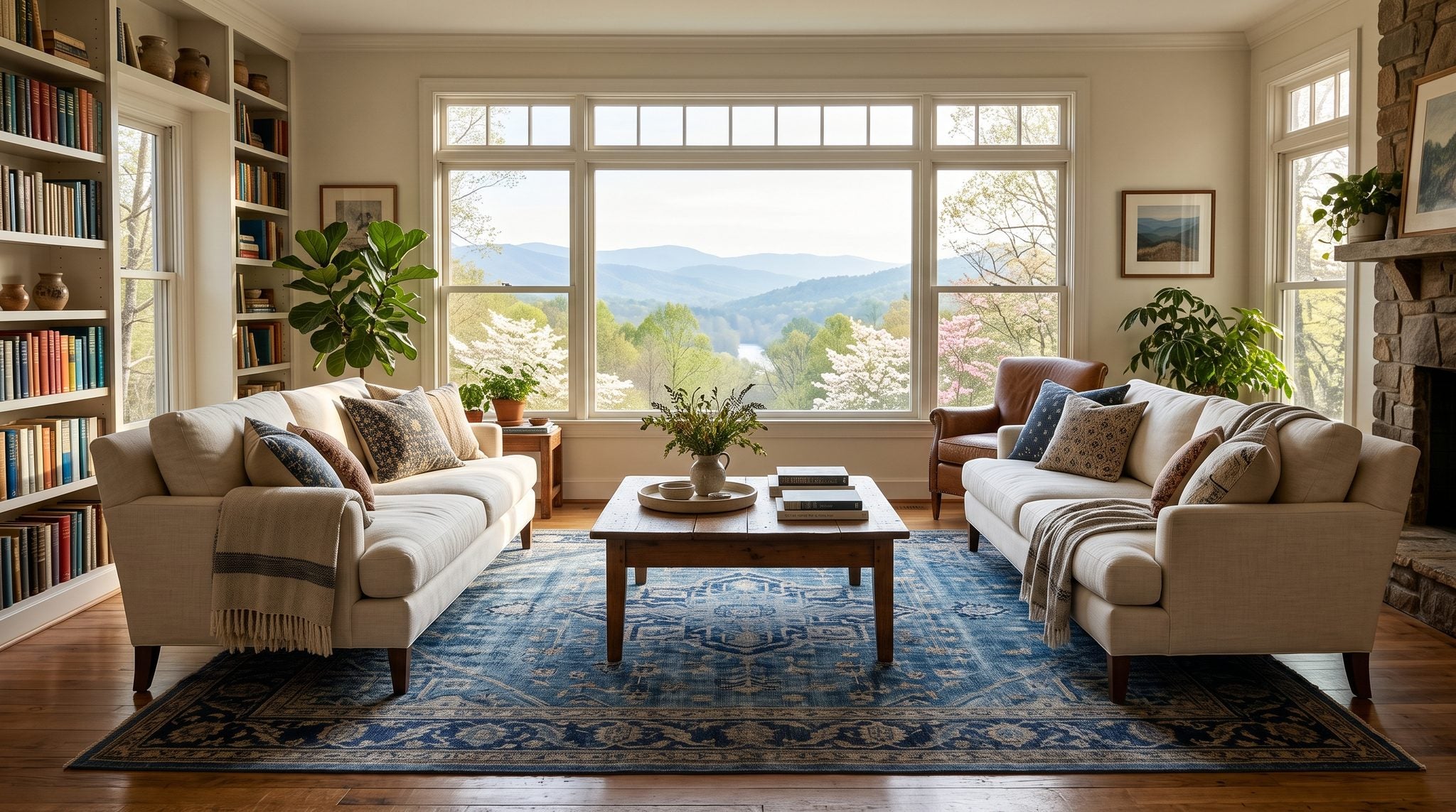 Sunlit living room window overlooking misty Blue Ridge foothills and green treetops near Greenville, South Carolina