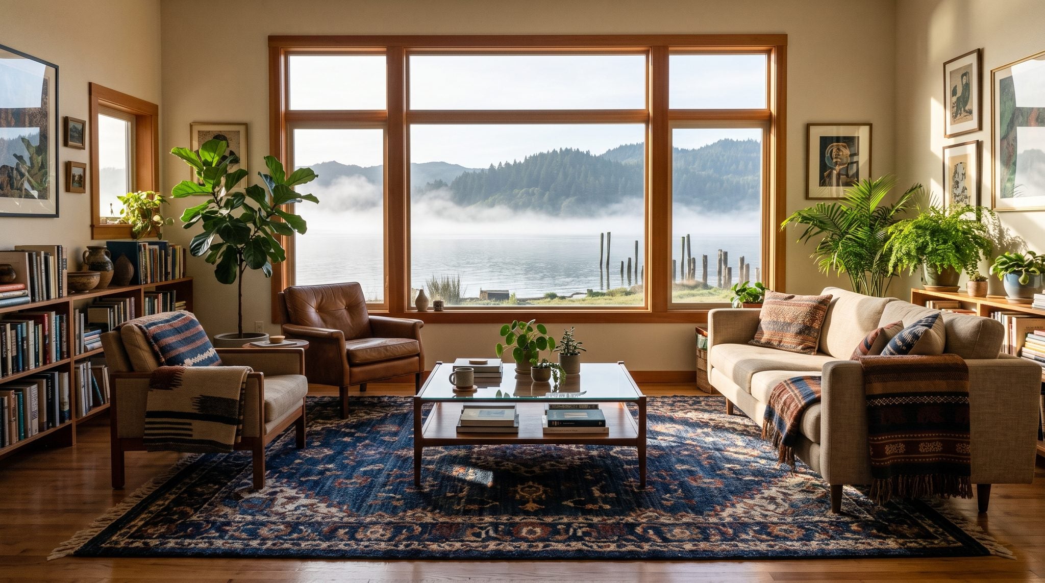 Sunlit living room window overlooking a misty Humboldt Bay with redwood-covered hills in the distance