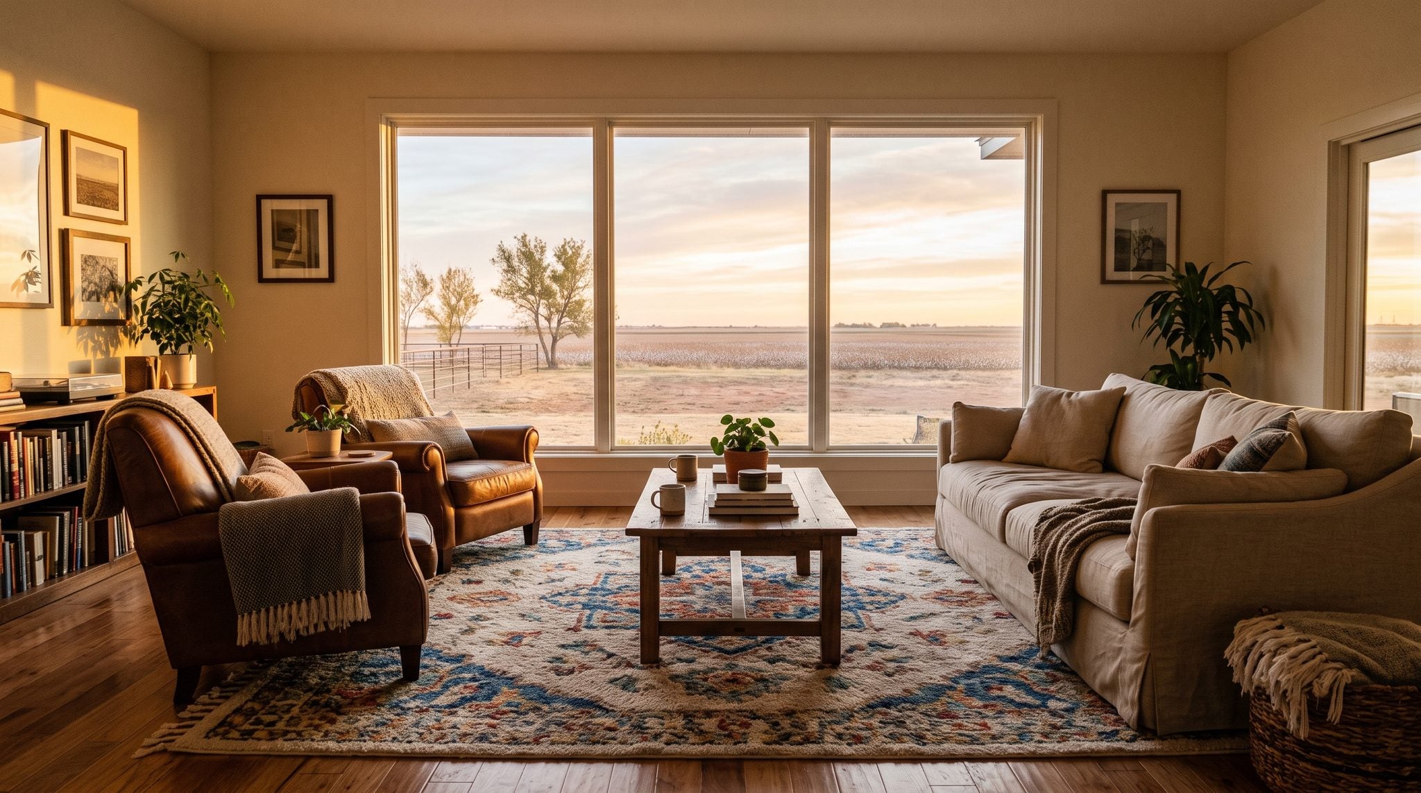 Sunlit living room window overlooking the wide, flat High Plains horizon and golden sky near Lubbock, Texas