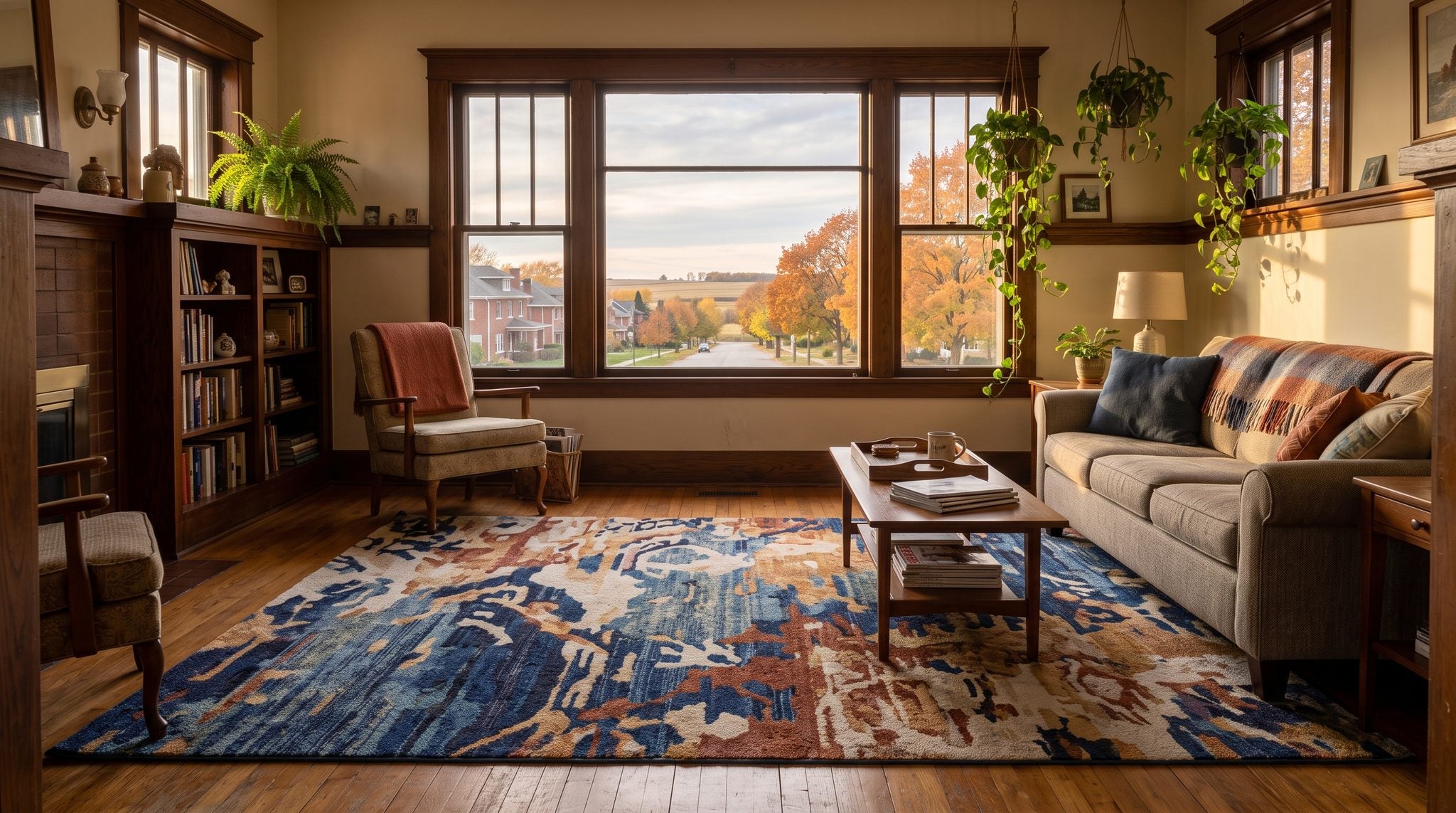 Sunlit living room window overlooking golden prairie farmland and tree-lined brick streets in Galesburg, Illinois