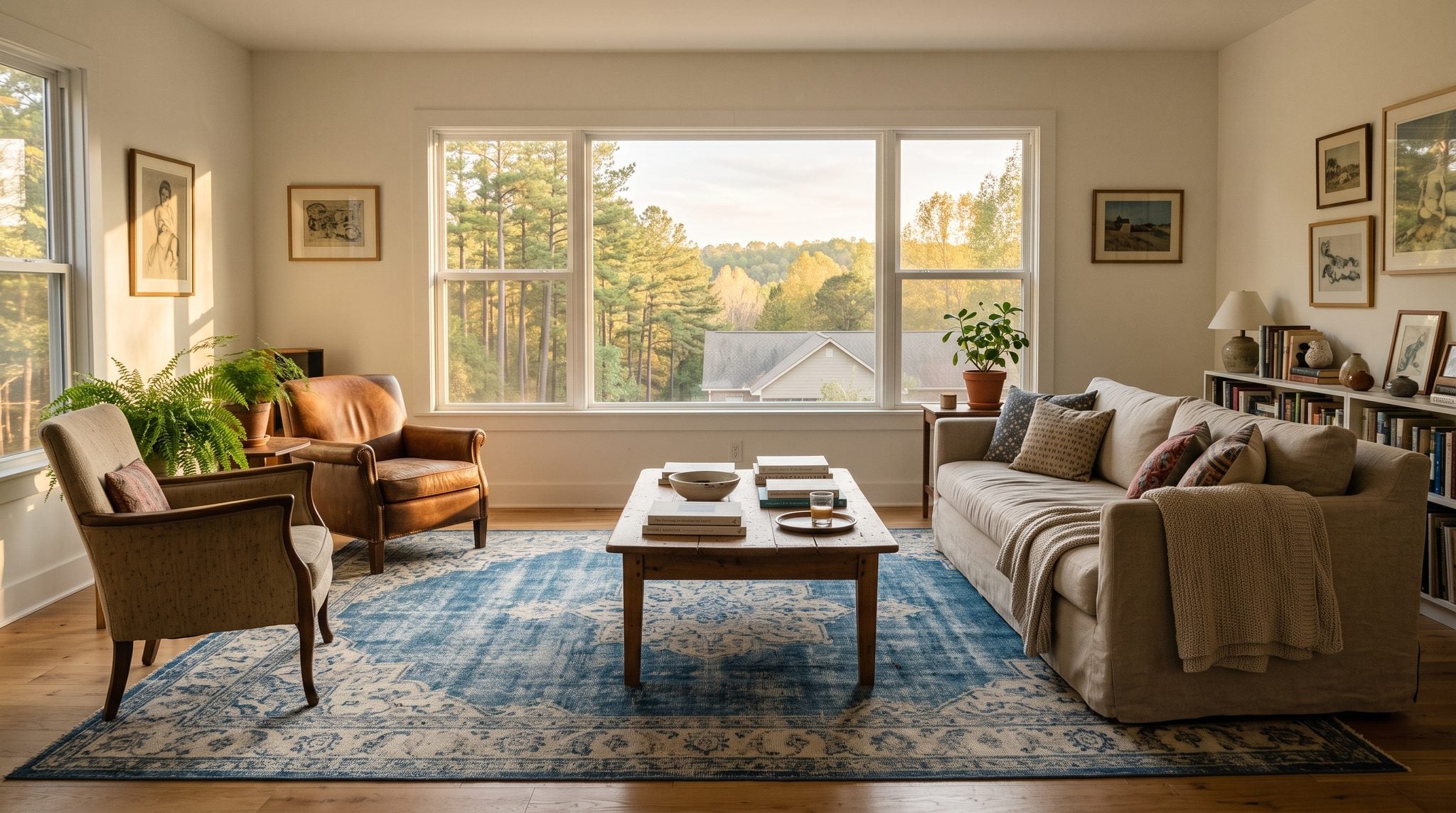 Sunlit living room window overlooking tall pine trees and rolling South Arkansas countryside near El Dorado