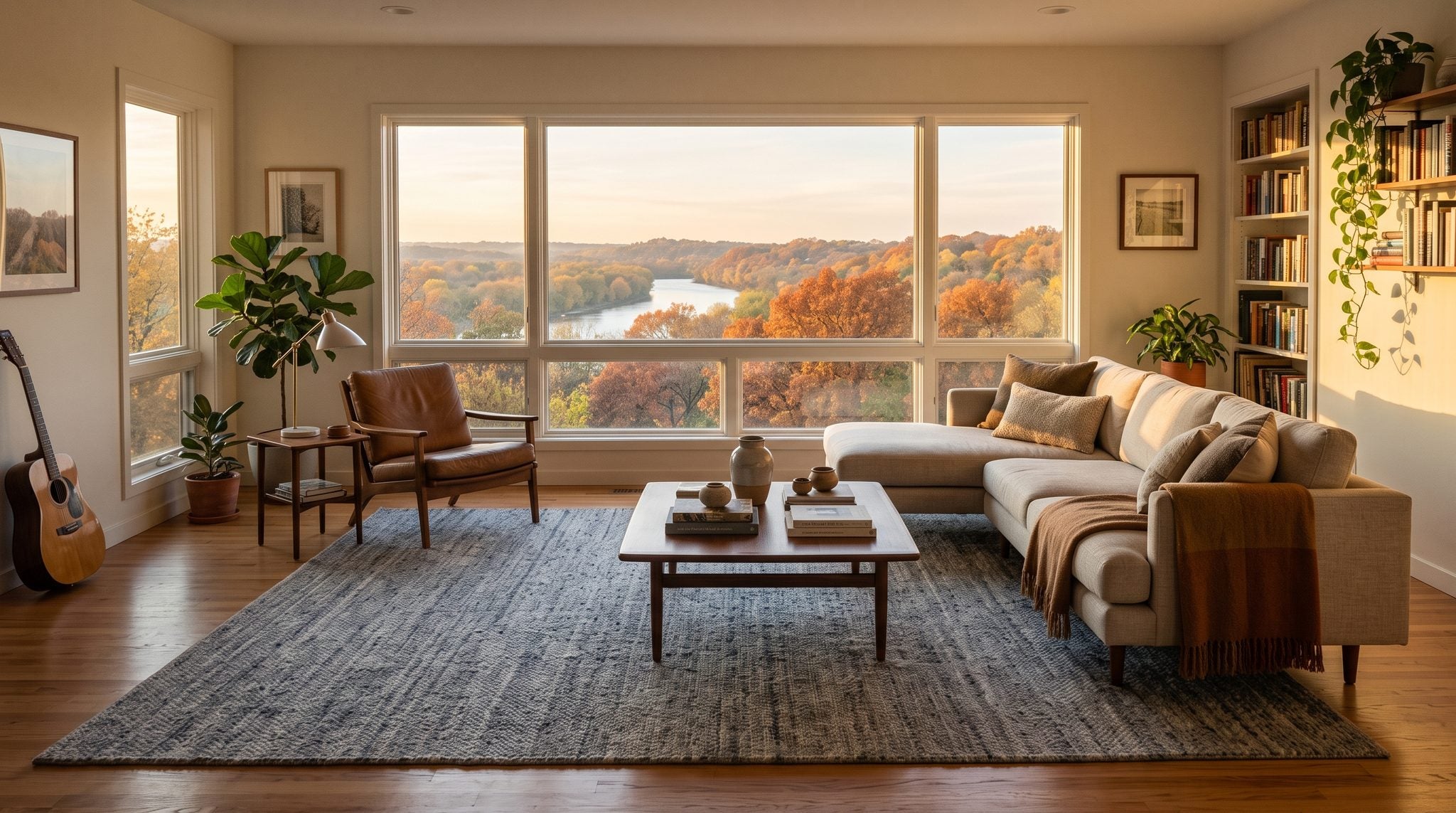 Sunlit room with a large window looking out over treetops and open prairie light in the Des Moines area