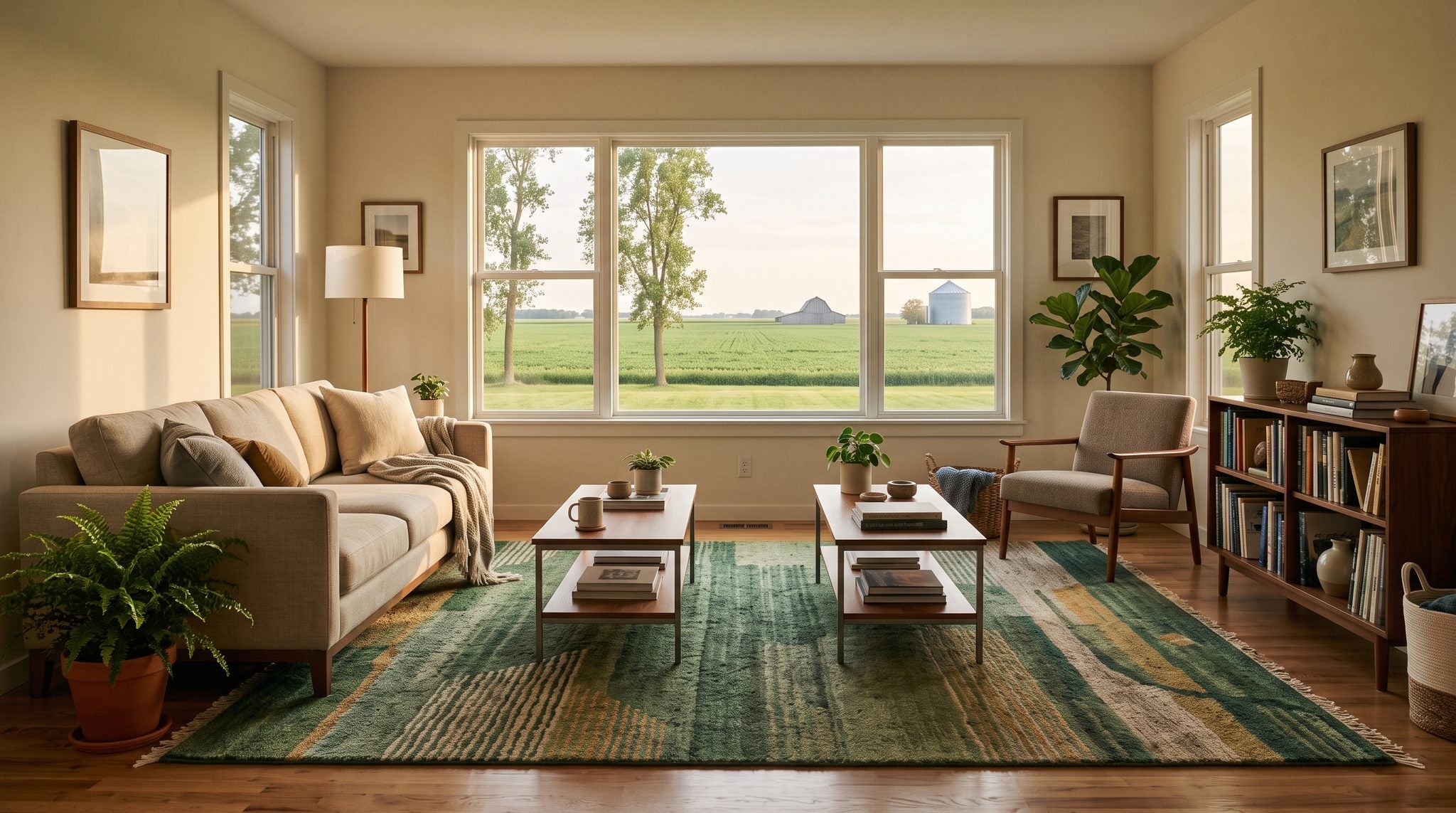 Sunlit room with a window overlooking green prairie farmland under a wide Illinois sky