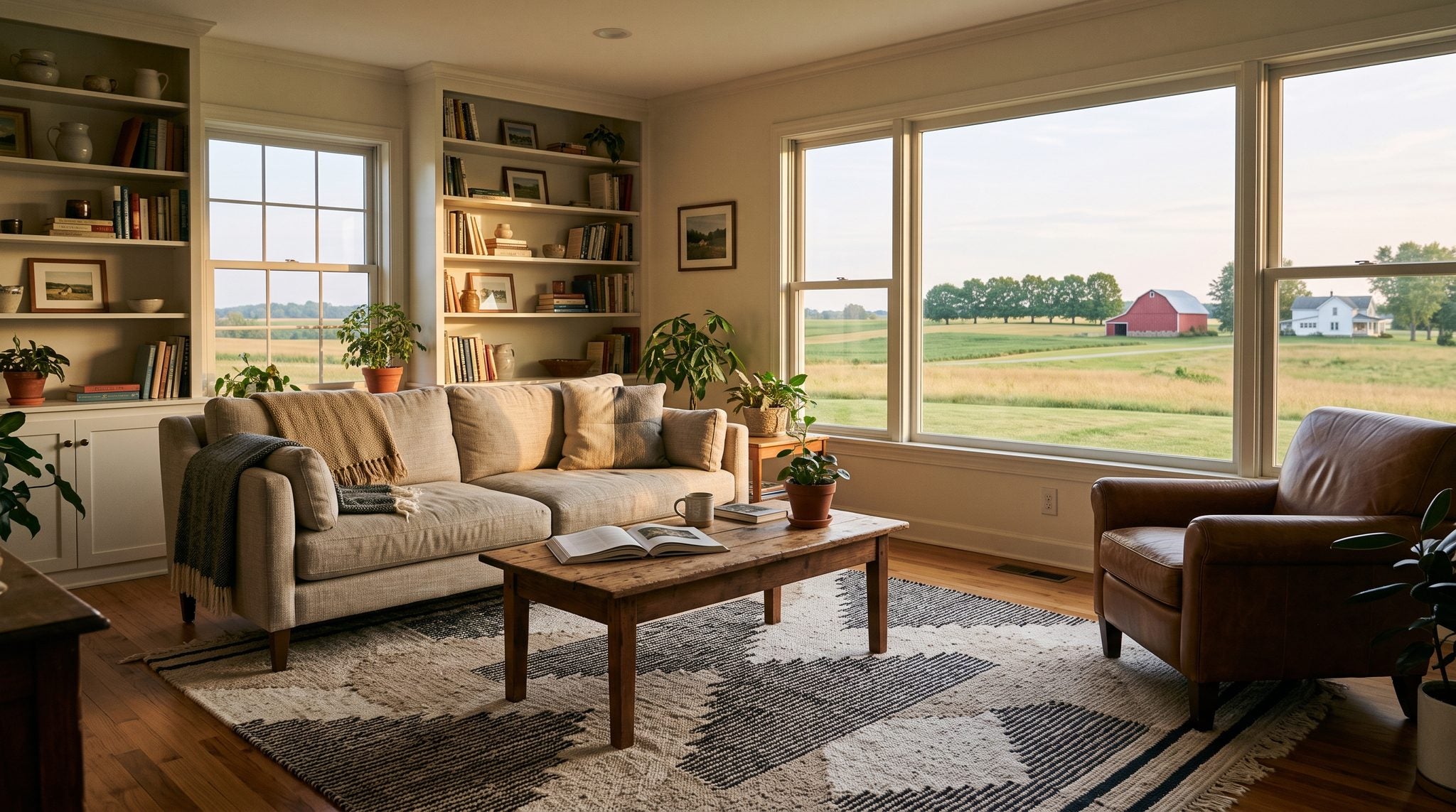Sunlit window view of rolling Ohio farm fields, a red barn and maple trees near Bucyrus