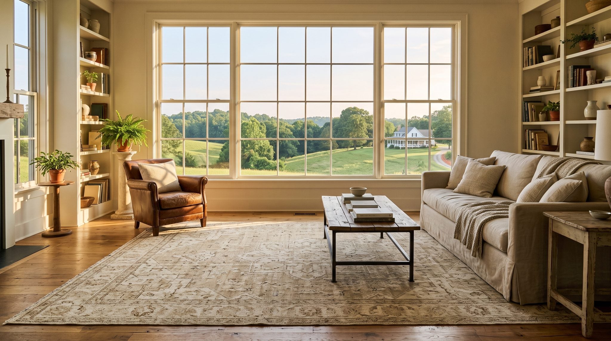 Sunlit living room window overlooking rolling green Georgia Piedmont hills, pastures and a distant white farmhouse