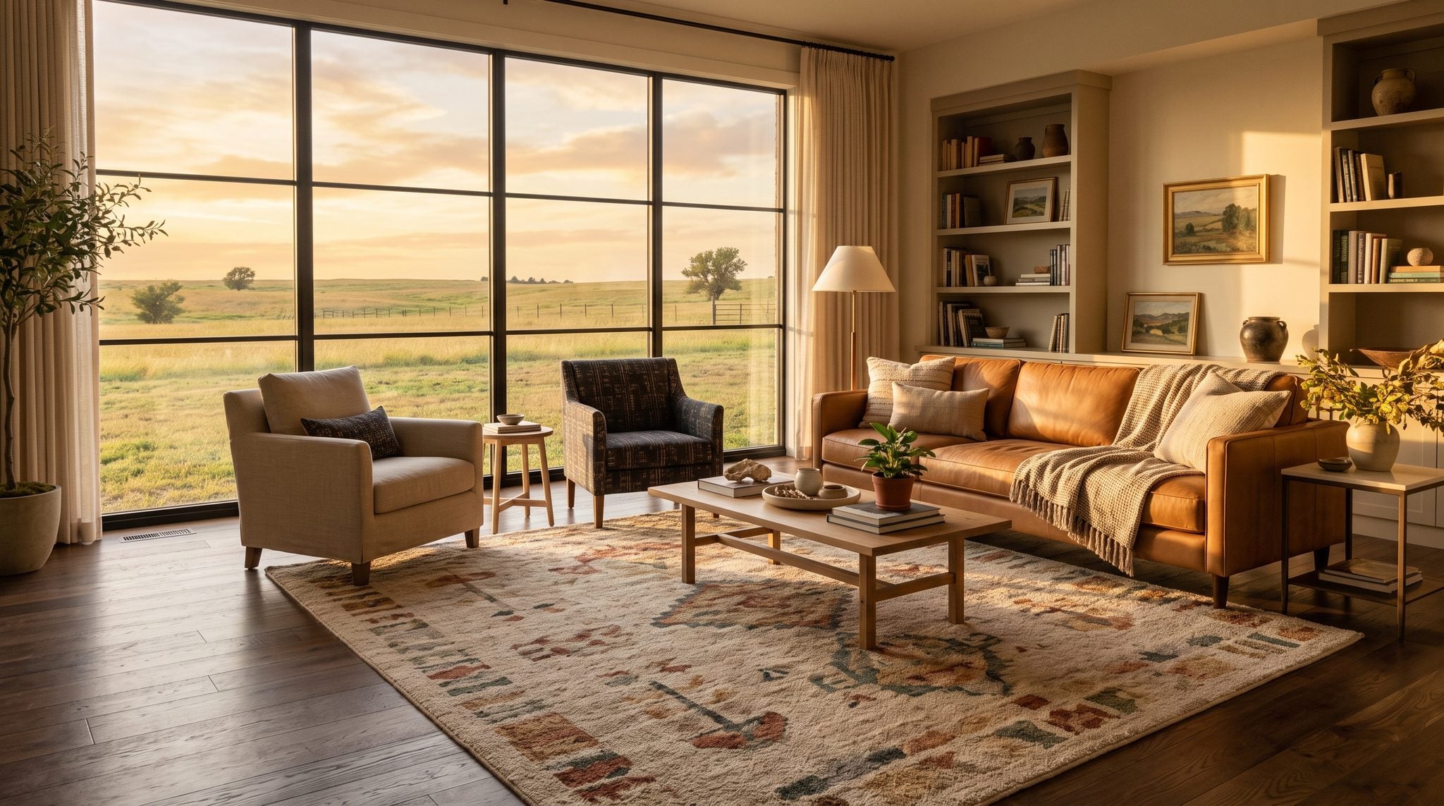 Sunlit living room window overlooking golden Oklahoma prairie under a wide evening sky