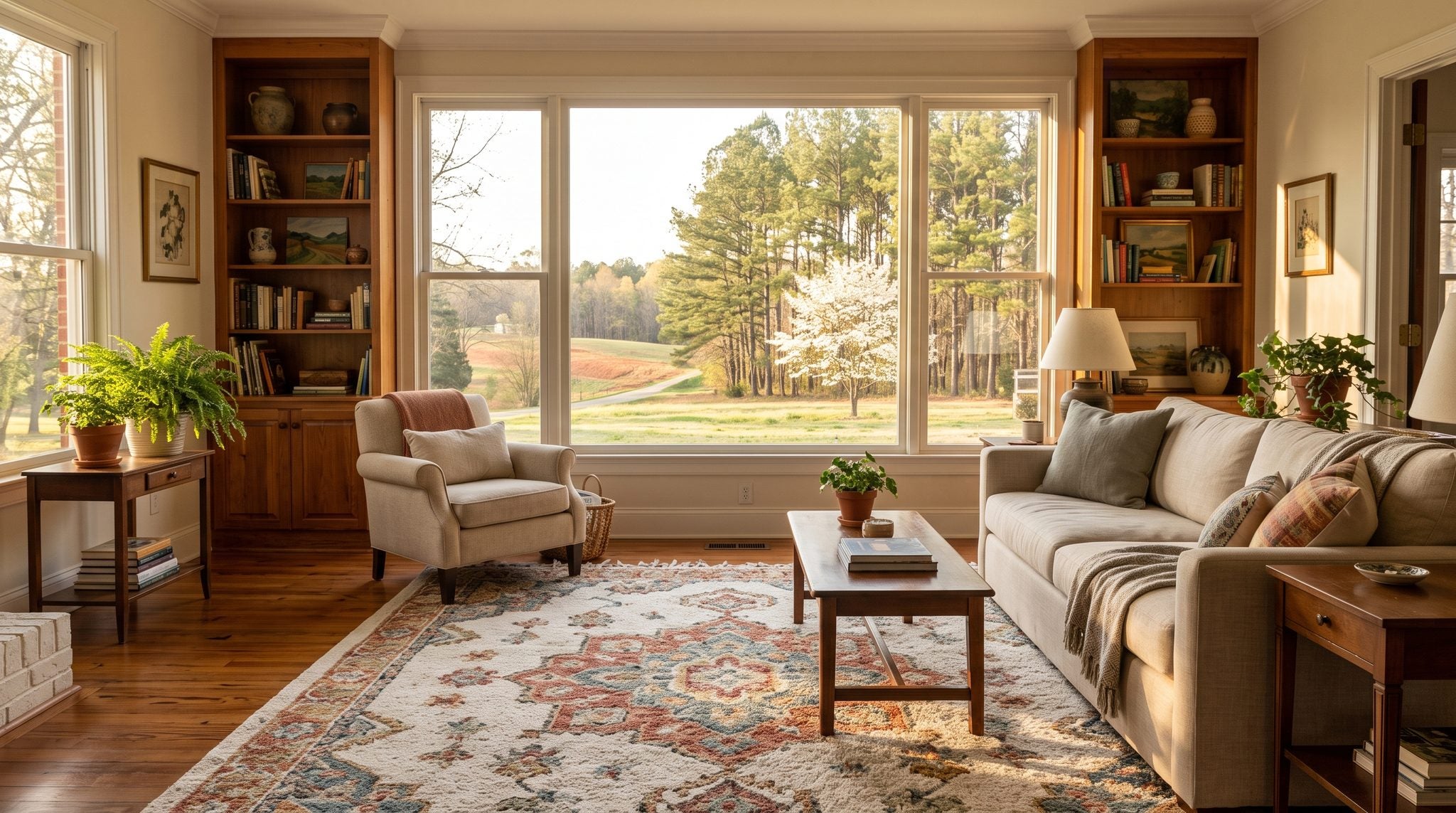 Sunlit living room window overlooking rolling Georgia Piedmont countryside with pines and a blooming dogwood