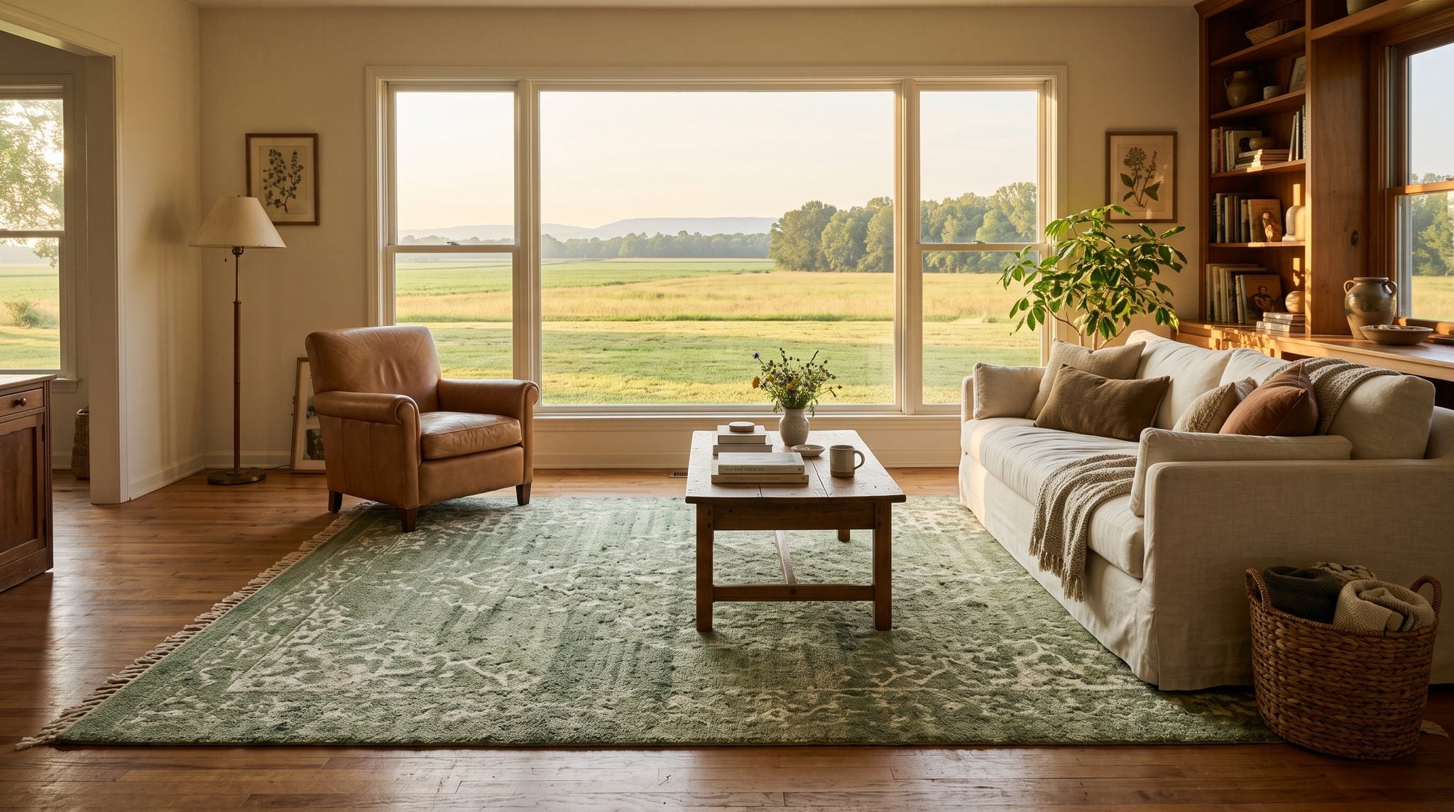 Sunlit living room window overlooking green farmland and tree lines near Searcy, Arkansas