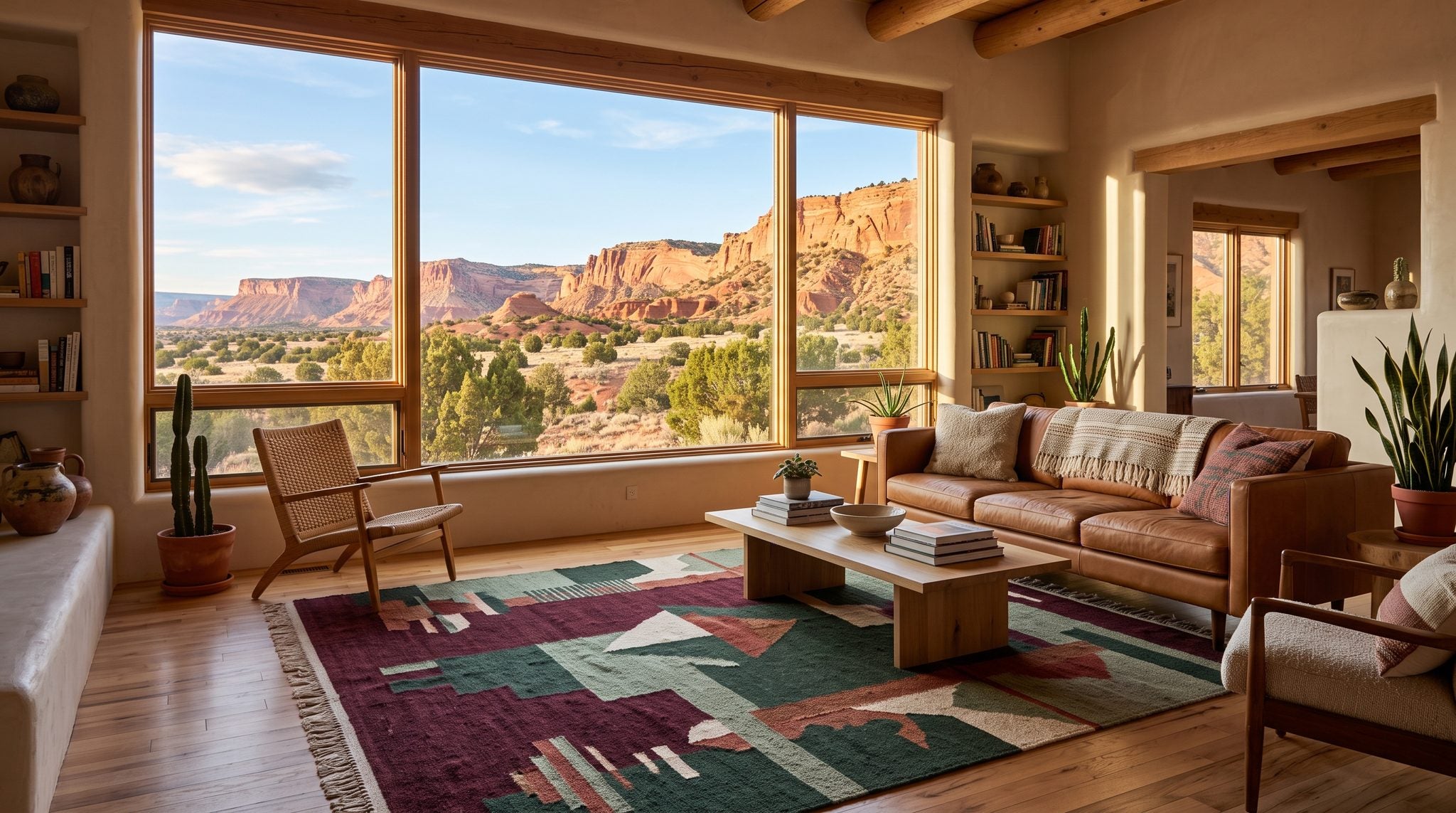 Sunlit room window overlooking red sandstone bluffs and high-desert piñon hills near Gallup, New Mexico