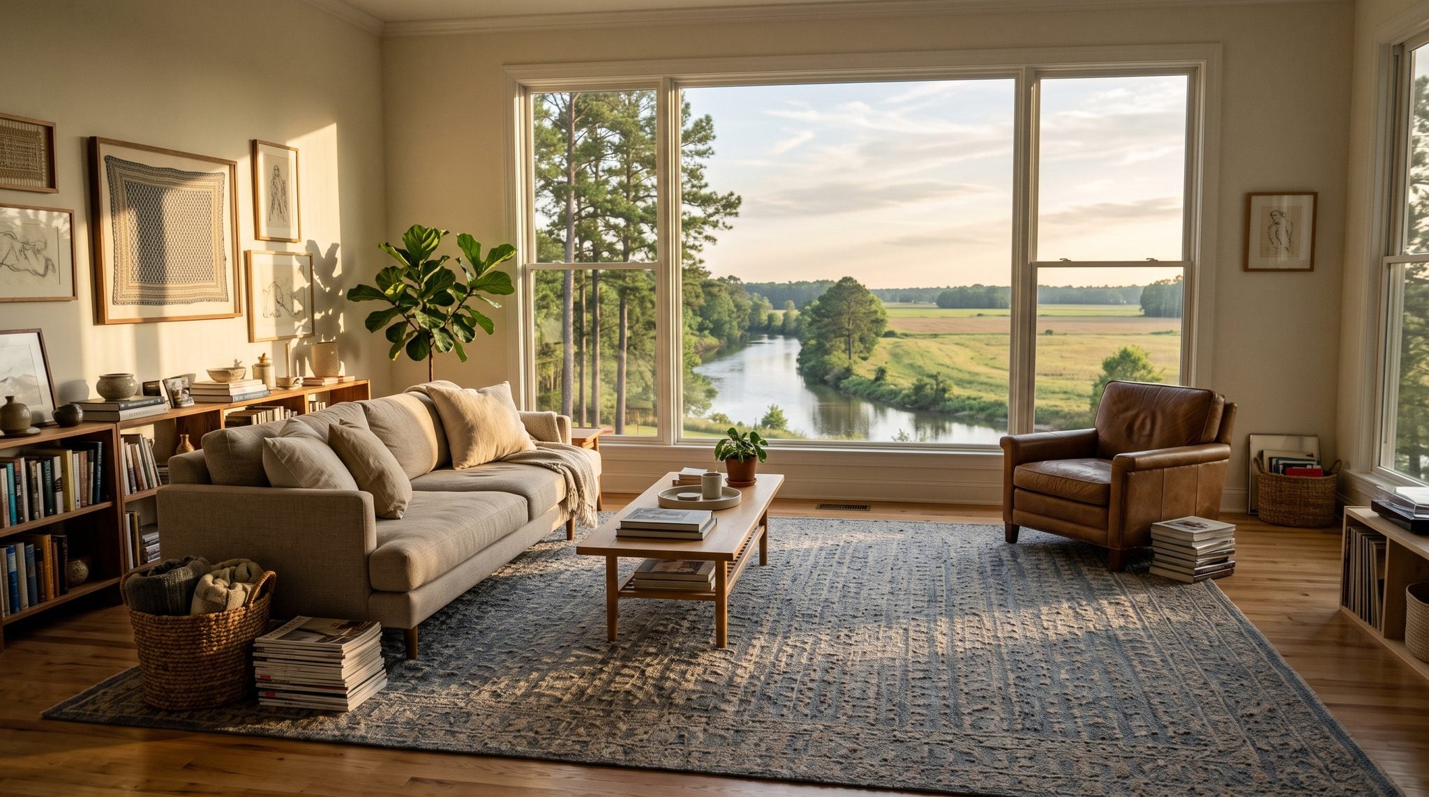 Sunlit living room window overlooking a river, green farm fields and tall pines in eastern North Carolina at golden hour