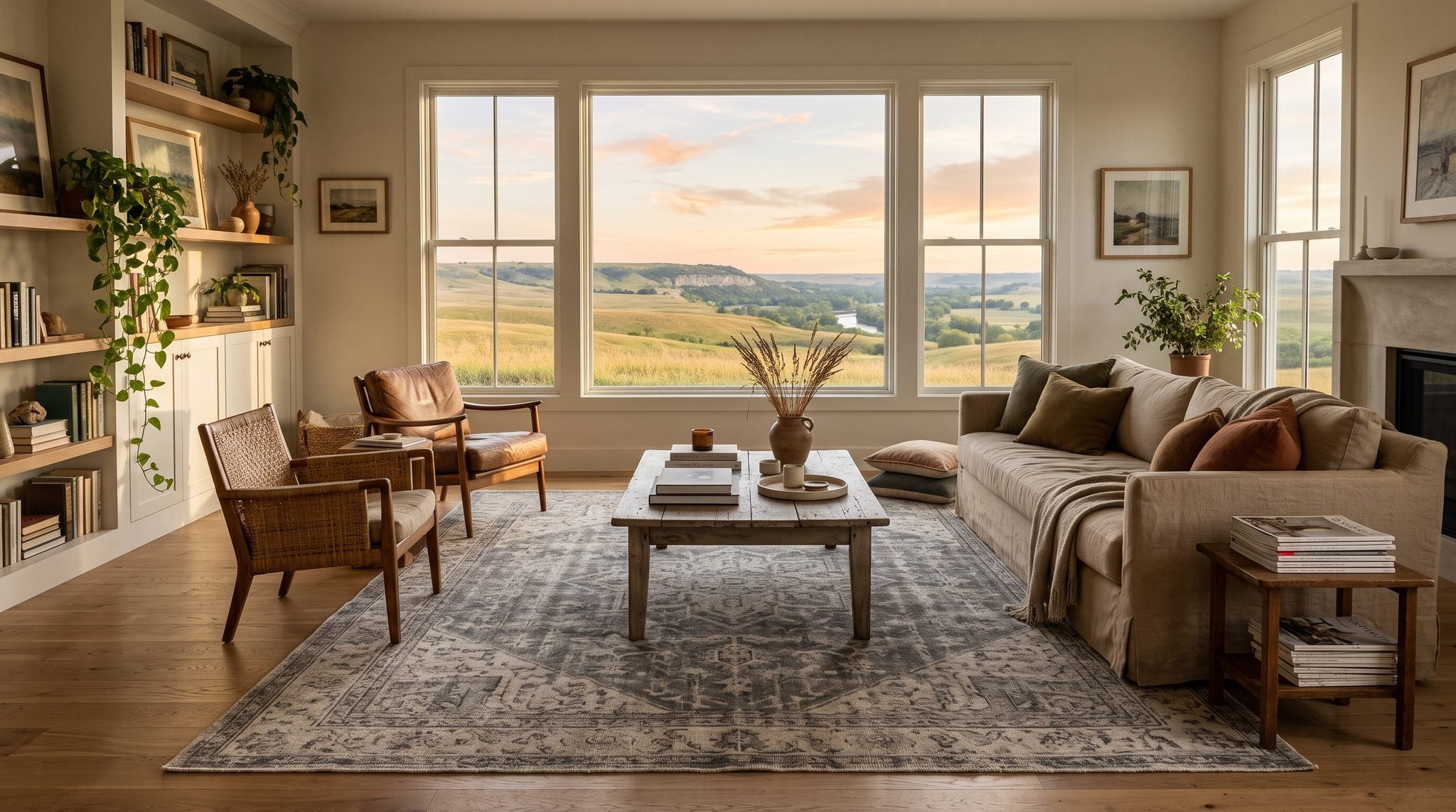 Sunlit living room window overlooking the golden tallgrass Flint Hills of Kansas at sunset