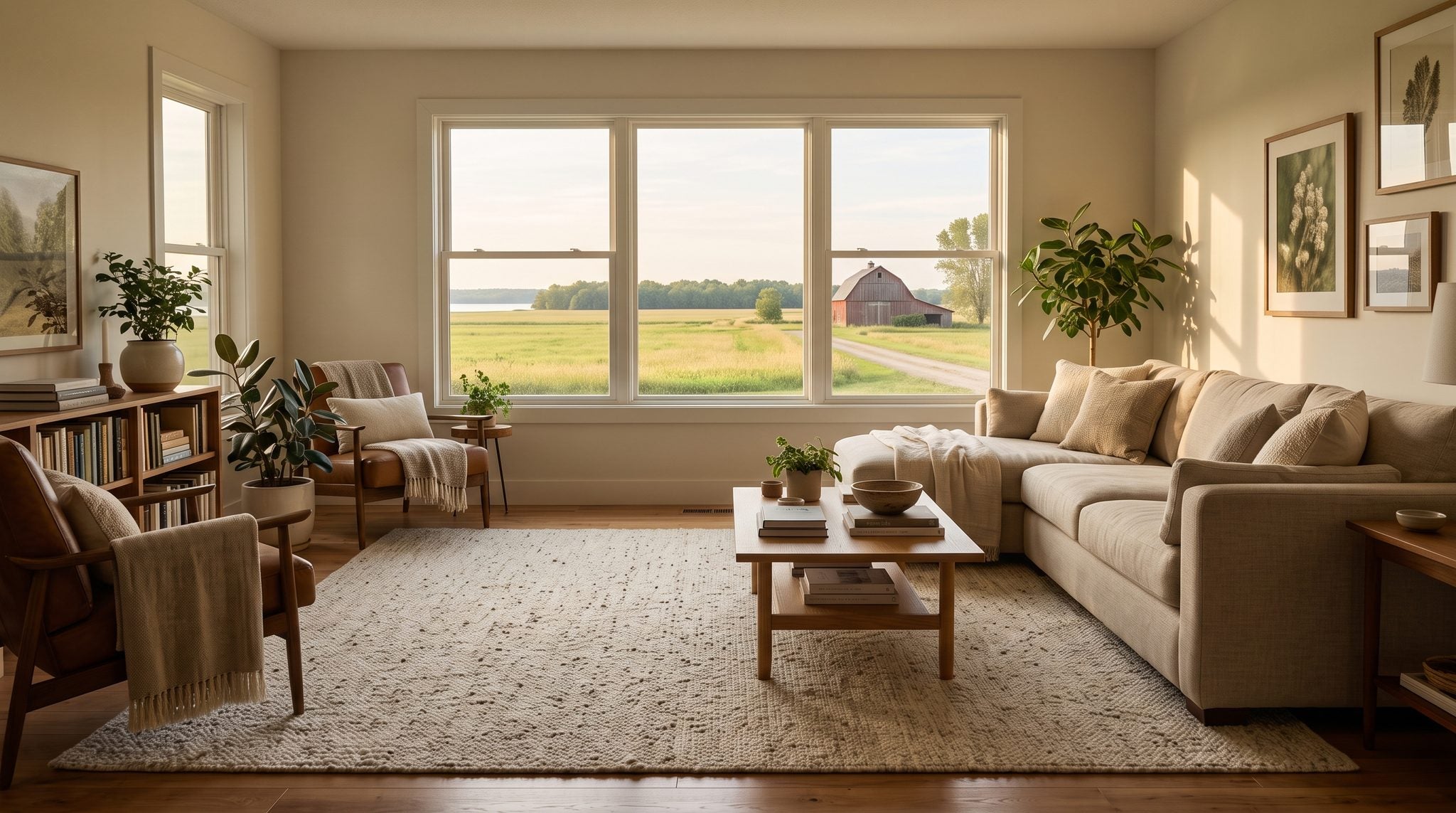 Sunlit living room window overlooking golden farm fields and a distant barn in rural southern Michigan