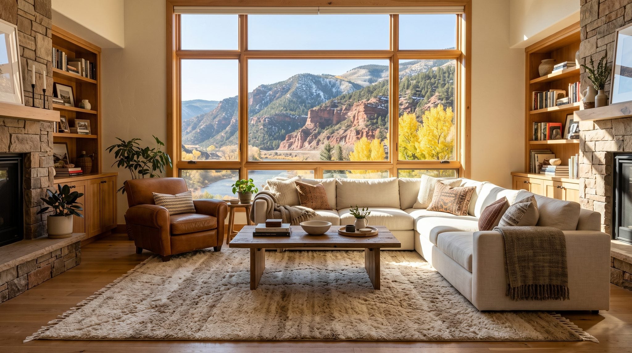 Sunlit room window overlooking red rock cliffs and snowy mountains above the Colorado River valley near Glenwood Springs
