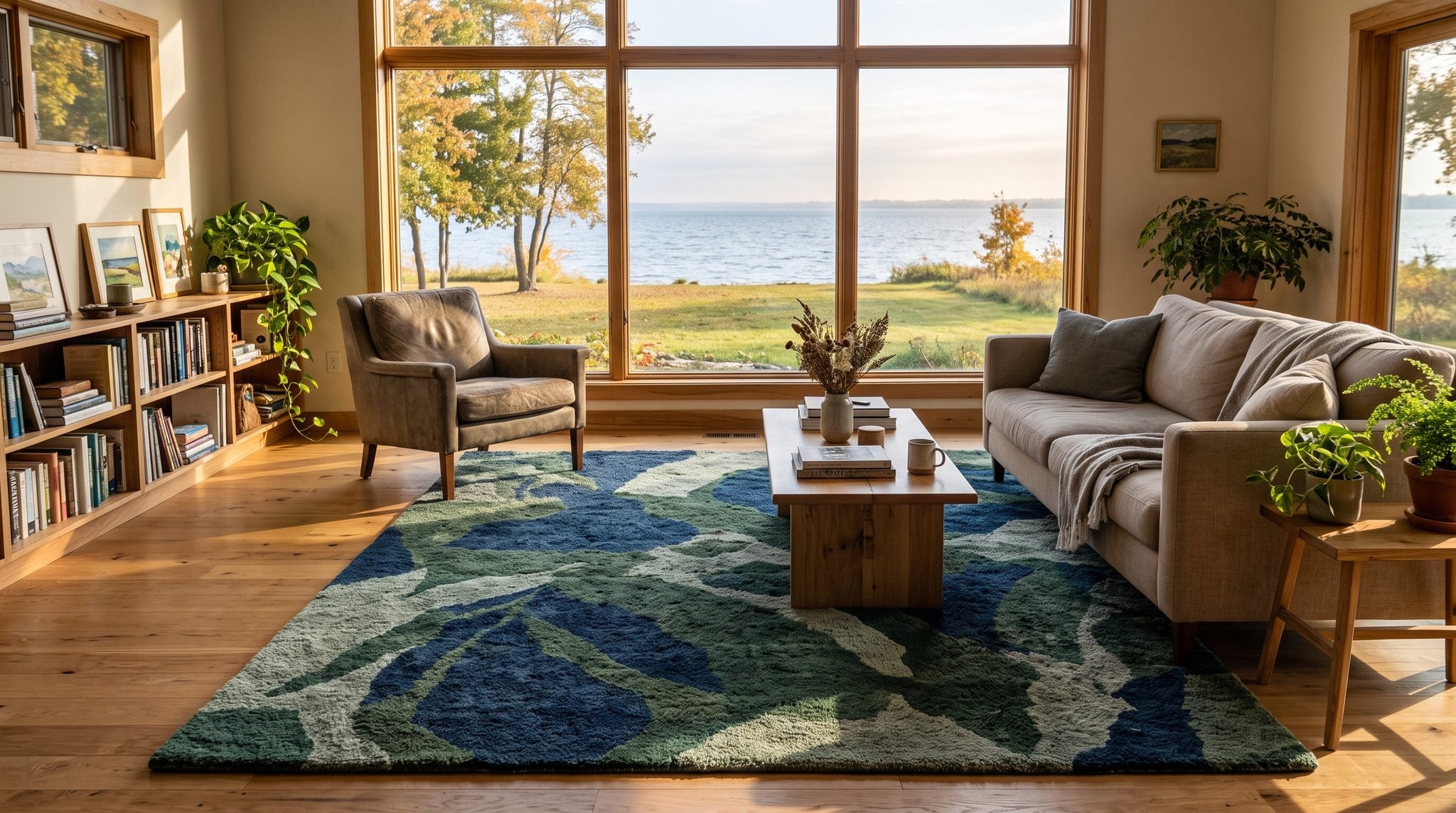 Sunlit living room with a large window looking out on a calm lake, grassy shoreline and autumn trees in soft morning light